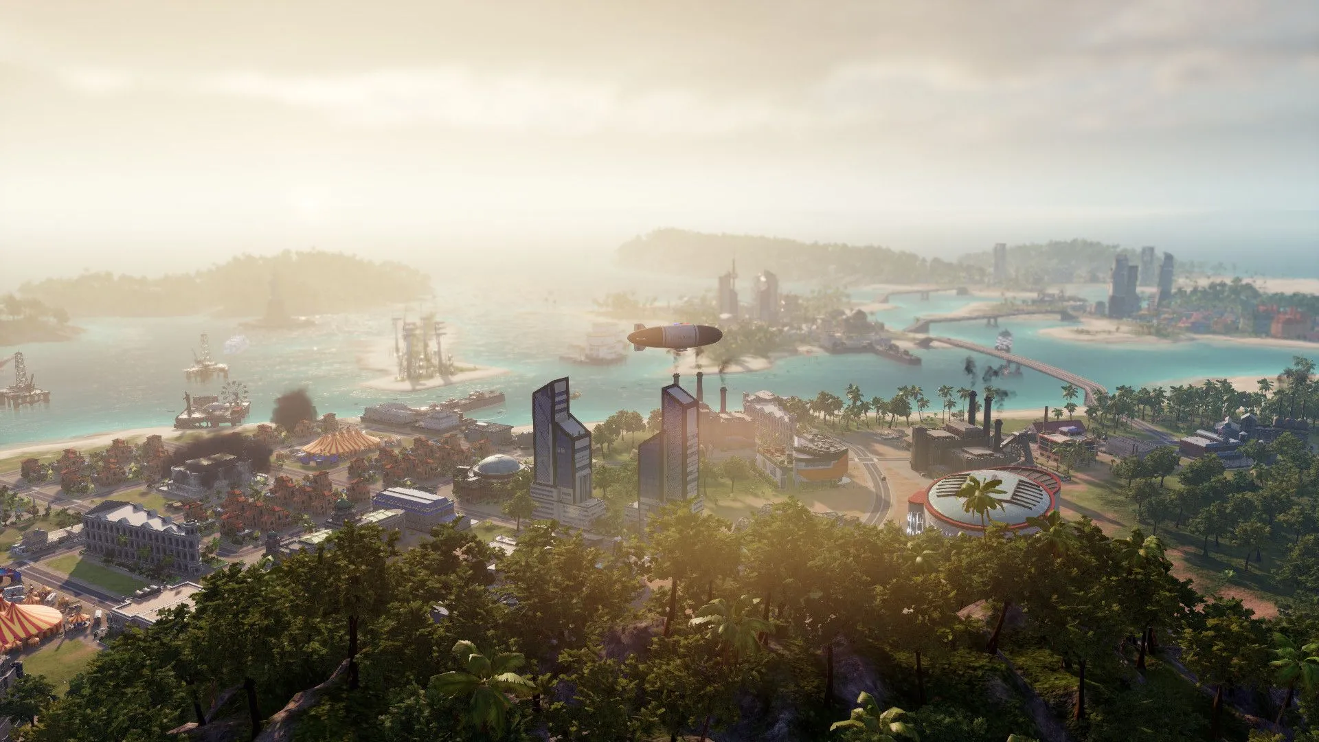 Cảnh quan đô thị nhộn nhịp trong Tropico 6 với nhà máy, bến cảng và đường giao thông