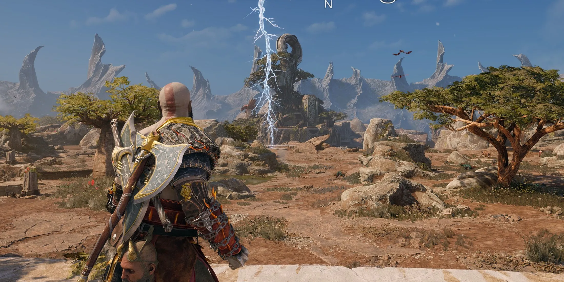 Cảnh quan vùng miệng núi lửa và sấm sét ấn tượng trong thế giới God of War Ragnarök