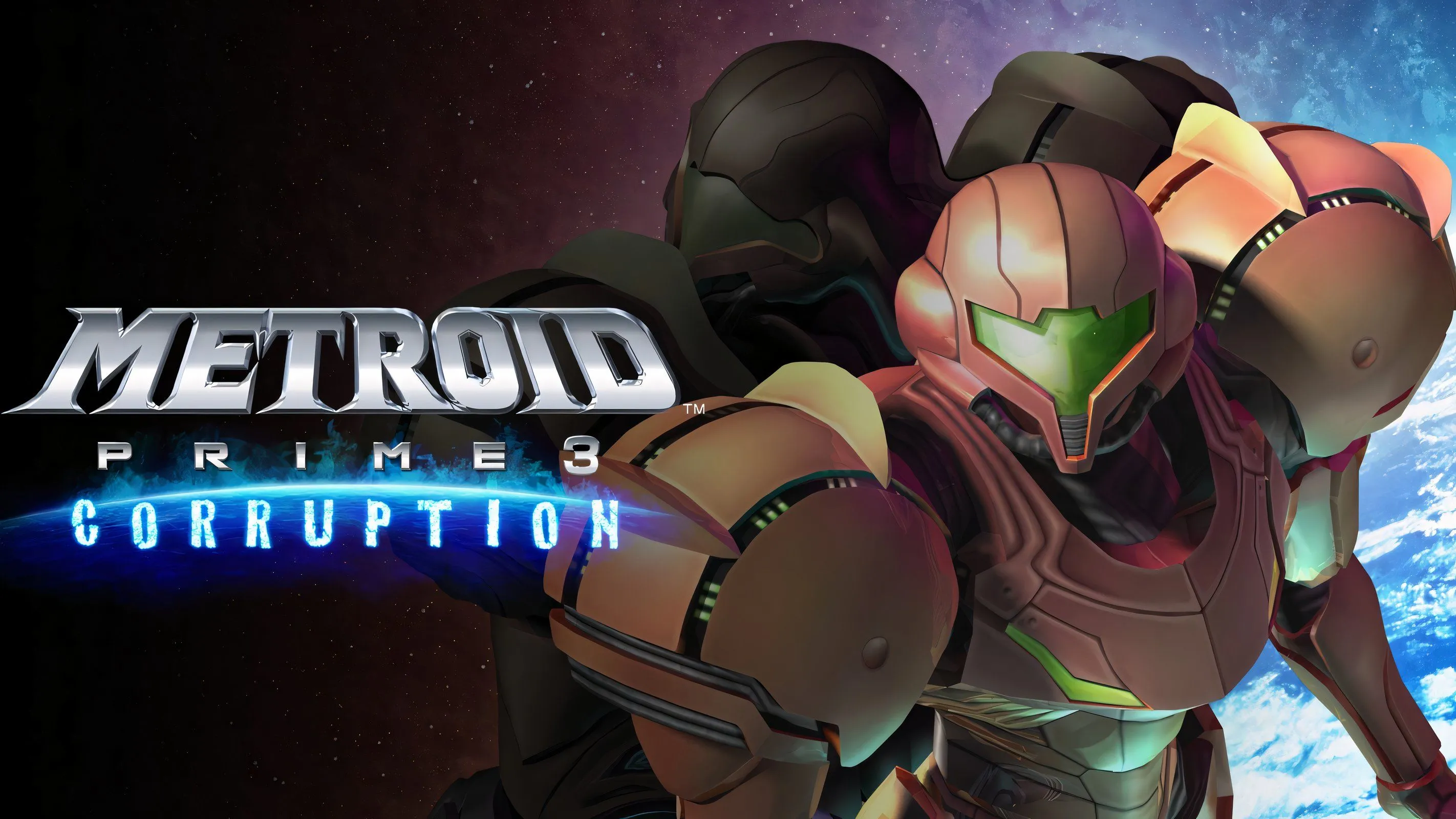 Cảnh Samus Aran với bộ giáp Power Suit trong Metroid Prime 3: Corruption giữa môi trường đổ nát, thể hiện chất lượng hình ảnh của game.