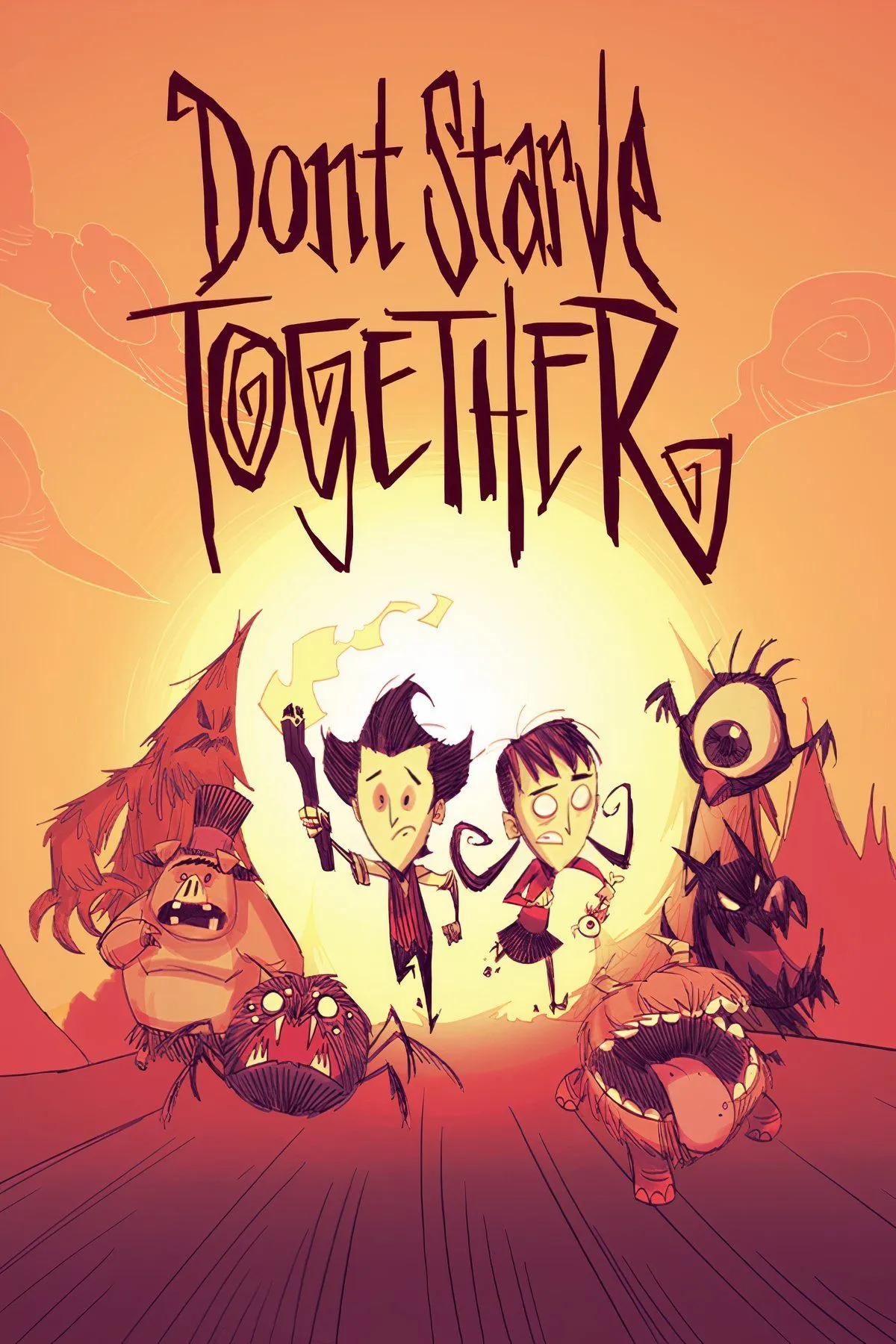 Cảnh sinh tồn trong Don't Starve Together, với nhân vật hoạt hình đang khám phá môi trường kỳ lạ và thu thập tài nguyên.