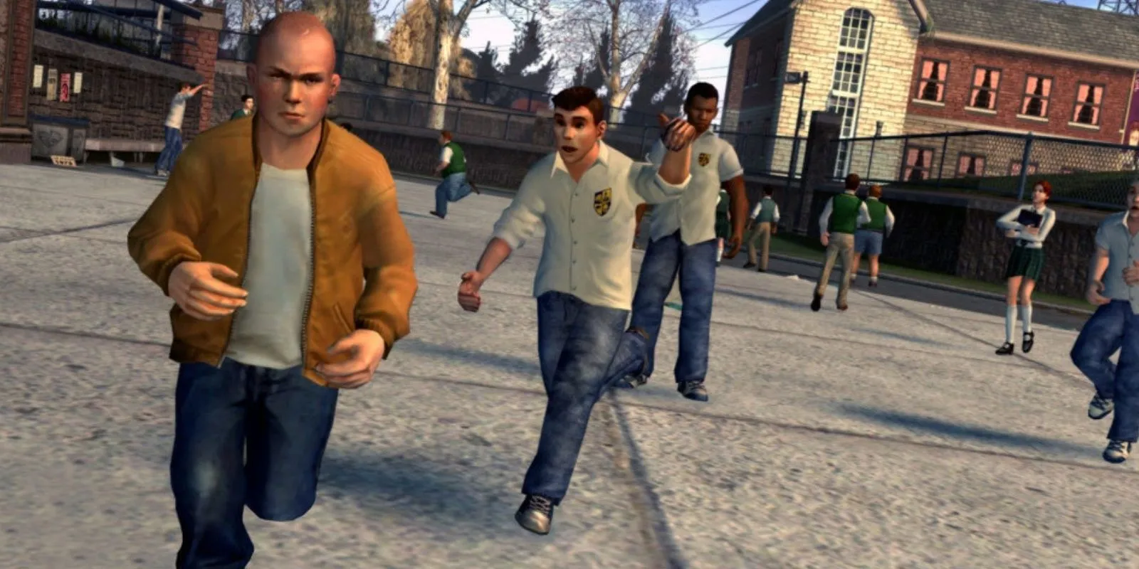 Cảnh trong game Bully với hình ảnh các học sinh đang chạy trên sân trường, gợi nhớ về tựa game học đường độc đáo của Rockstar