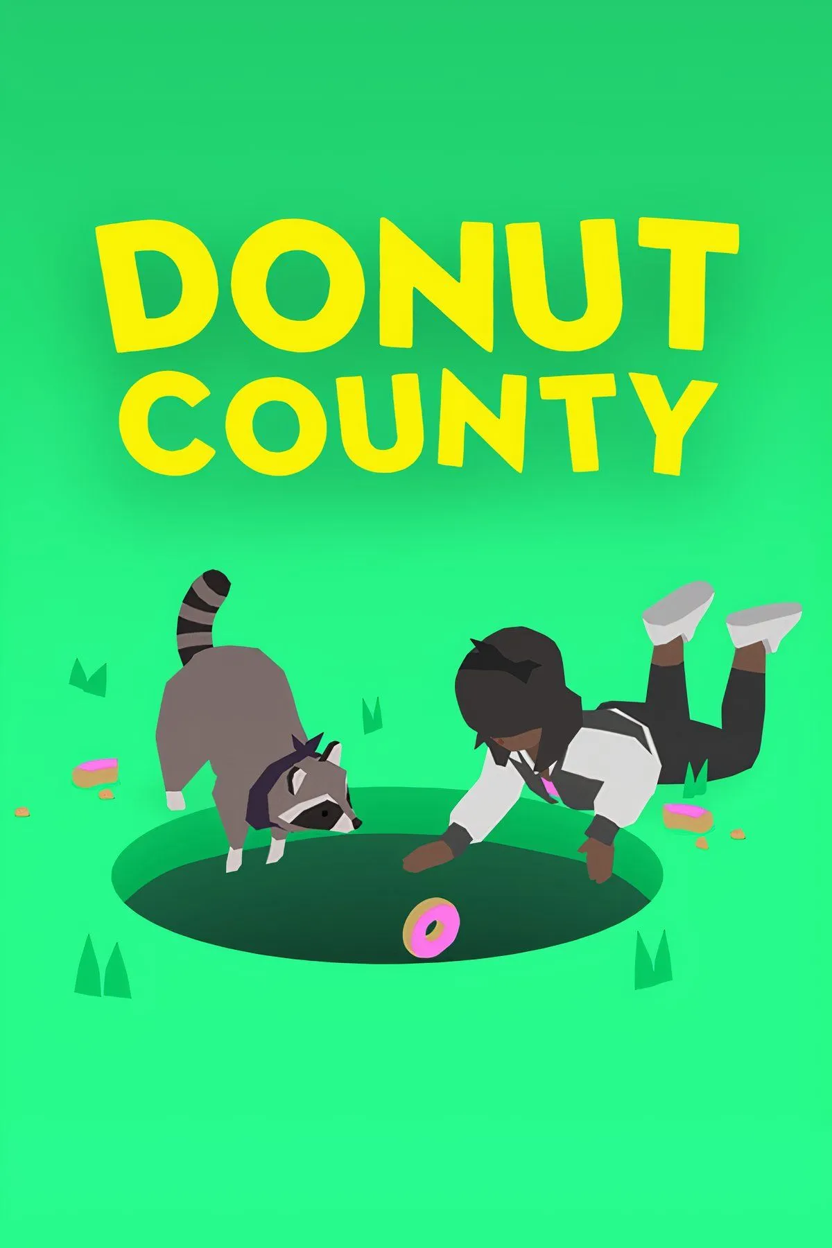 Cảnh trong game Donut County với một cái lỗ đen đang hút các vật thể và nhân vật hoạt hình vào trong bối cảnh thành phố đầy màu sắc.