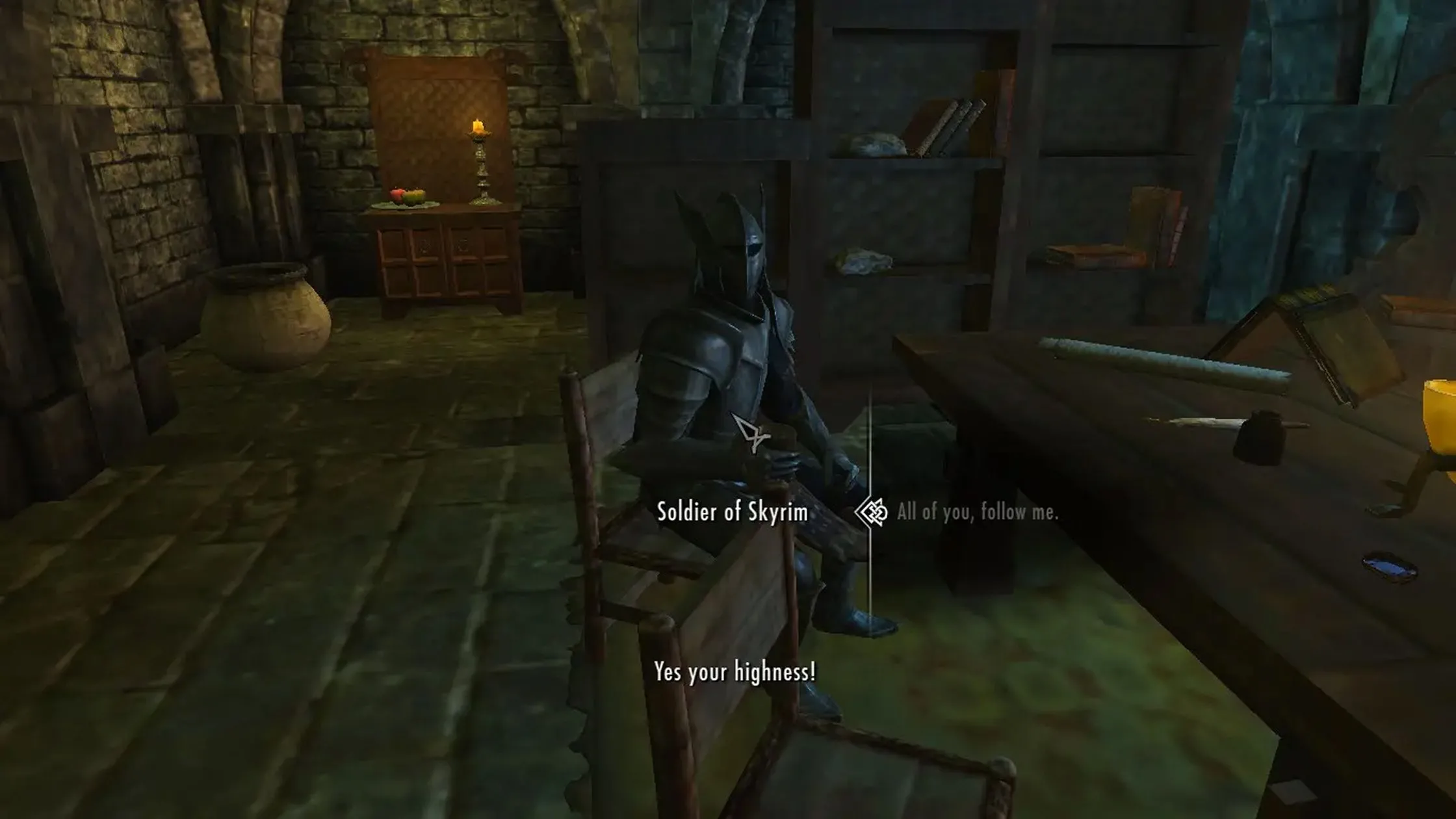 Cảnh trong game khi người chơi trở thành Đại Vương Skyrim nhờ mod Become High King of Skyrim, thể hiện quyền lực lãnh đạo Tamriel.