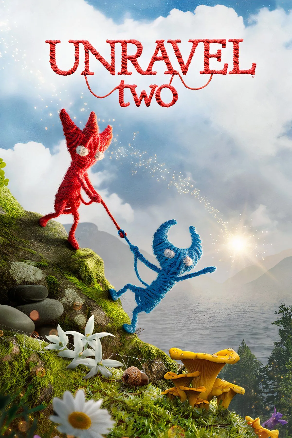 Cặp đôi điều khiển hai nhân vật Yarny Đỏ và Xanh trong game giải đố phiêu lưu Unravel Two