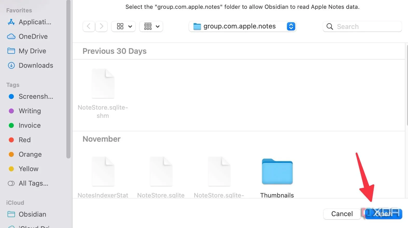 Cấp quyền truy cập để Obsidian đọc các tệp ghi chú của Apple Notes
