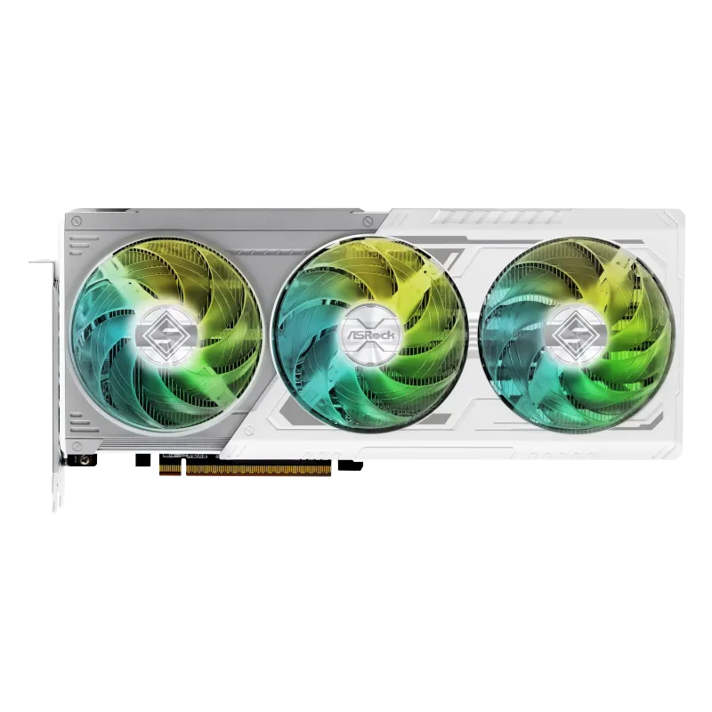 Card đồ họa ASRock Radeon RX 9070 XT Steel Legend màu trắng bạc với ba quạt tản nhiệt, minh họa tầm quan trọng của dung lượng VRAM đối với hiệu năng gaming 4K.