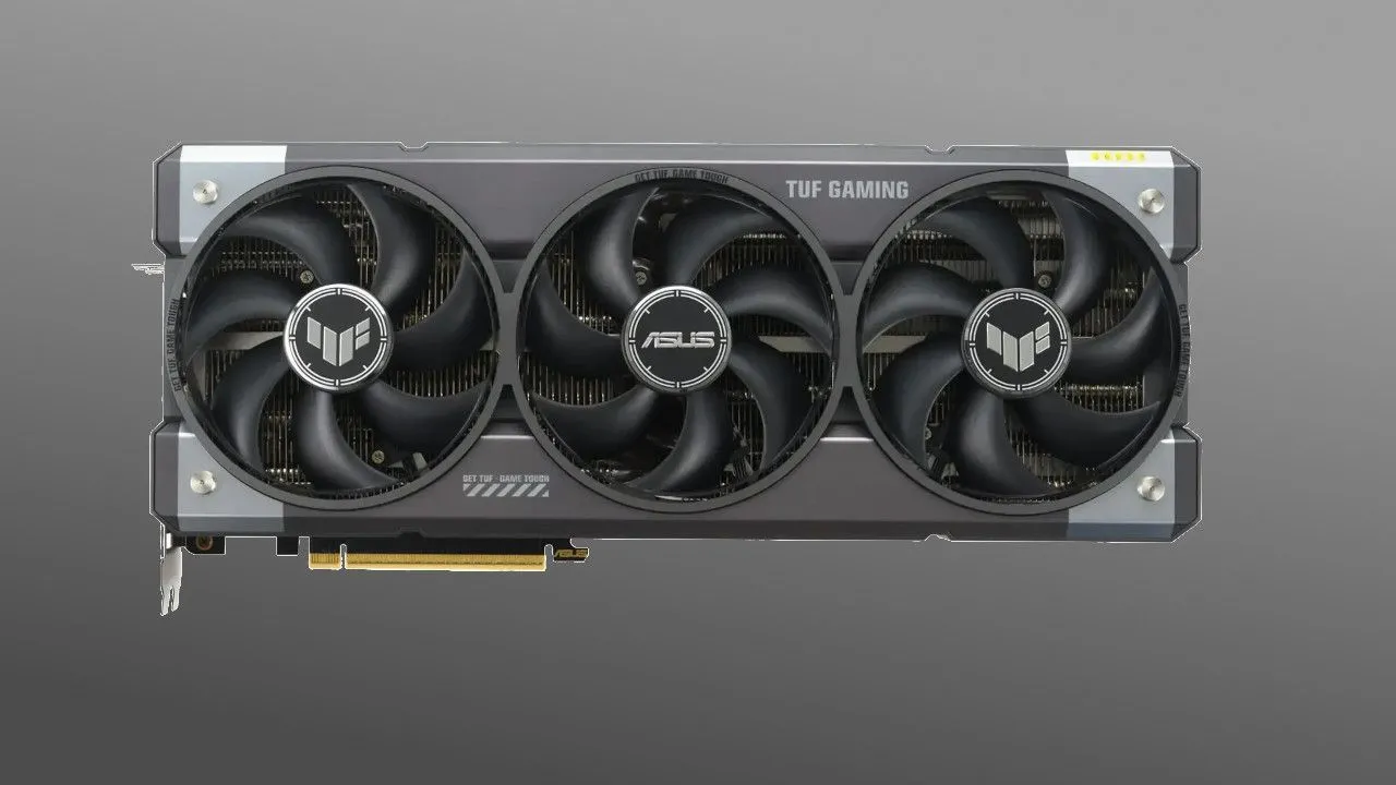 Card đồ họa Asus TUF GeForce RTX 5090 với thiết kế công nghiệp và ba quạt tản nhiệt