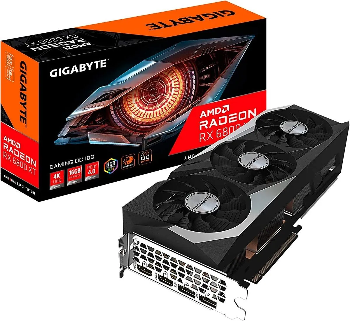 Card đồ họa Gigabyte AMD Radeon RX 6800 XT với ba quạt tản nhiệt, thiết kế hiện đại