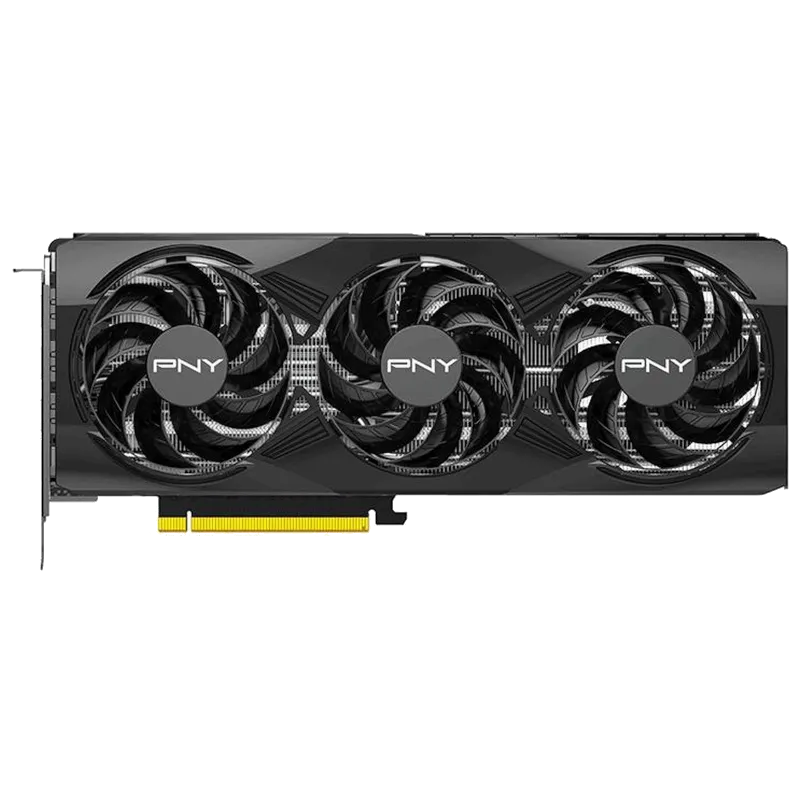 Card đồ họa PNY GeForce RTX 5070 OC được đặt trên bề mặt màu đen