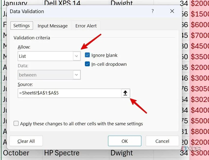 Cấu hình Data Validation chọn loại List và nguồn dữ liệu để tạo danh sách thả xuống