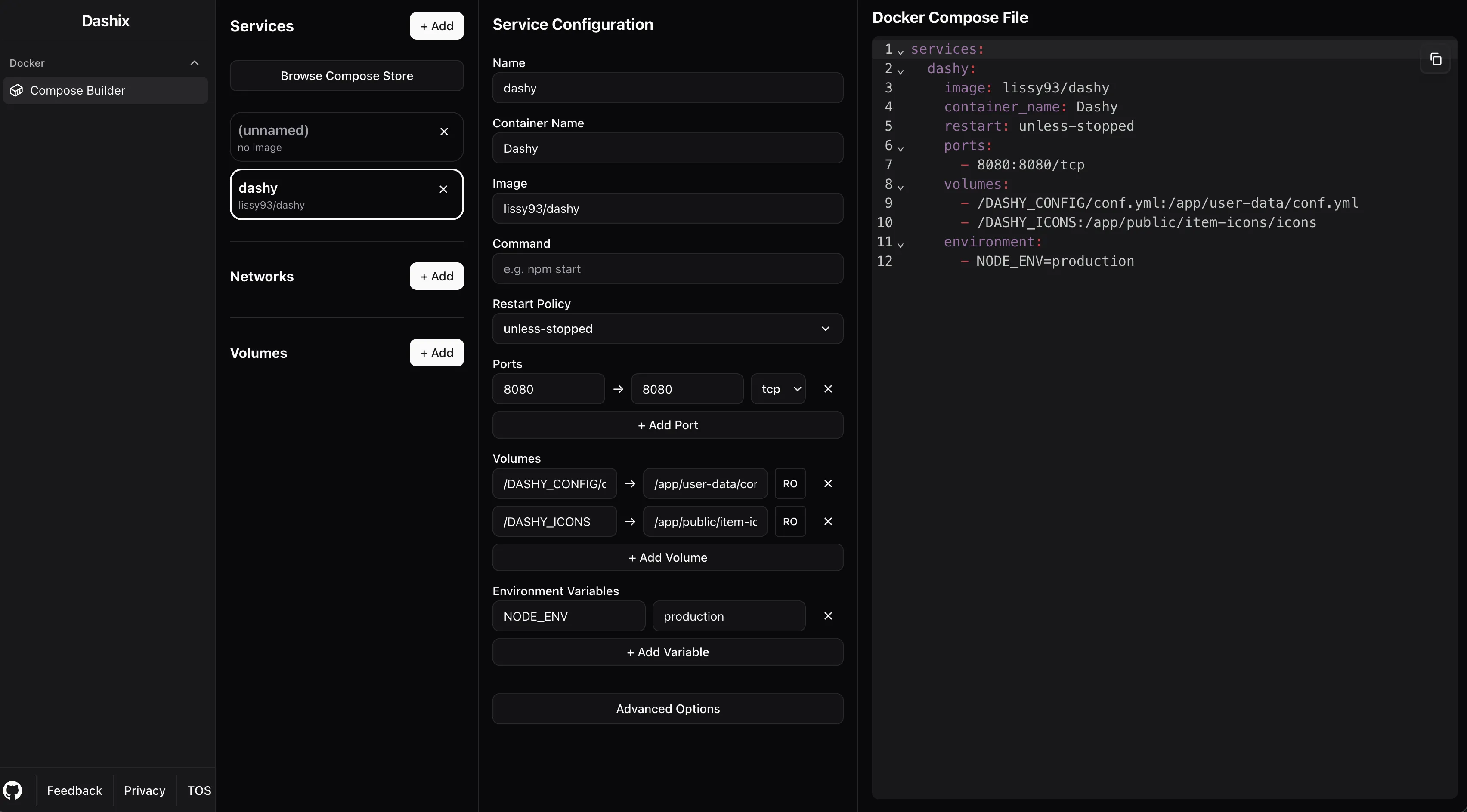 Cấu hình file Docker Compose trong Dashix hiển thị các thành phần đã chọn