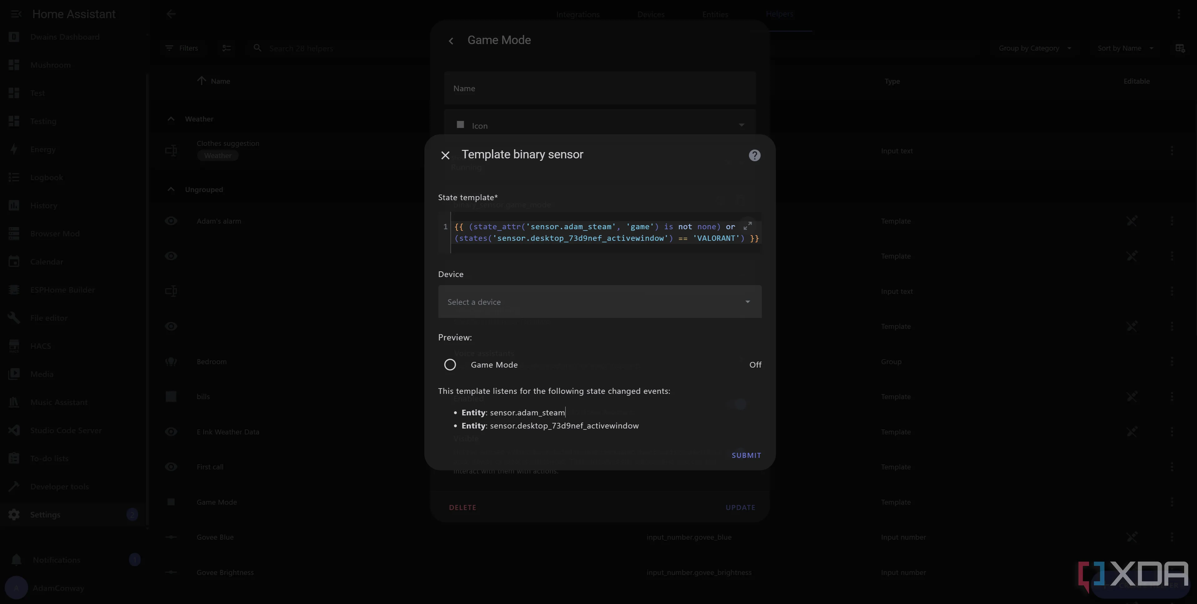 Cấu hình template binary sensor cho chế độ chơi game Home Assistant với Steam và HASS.Agent