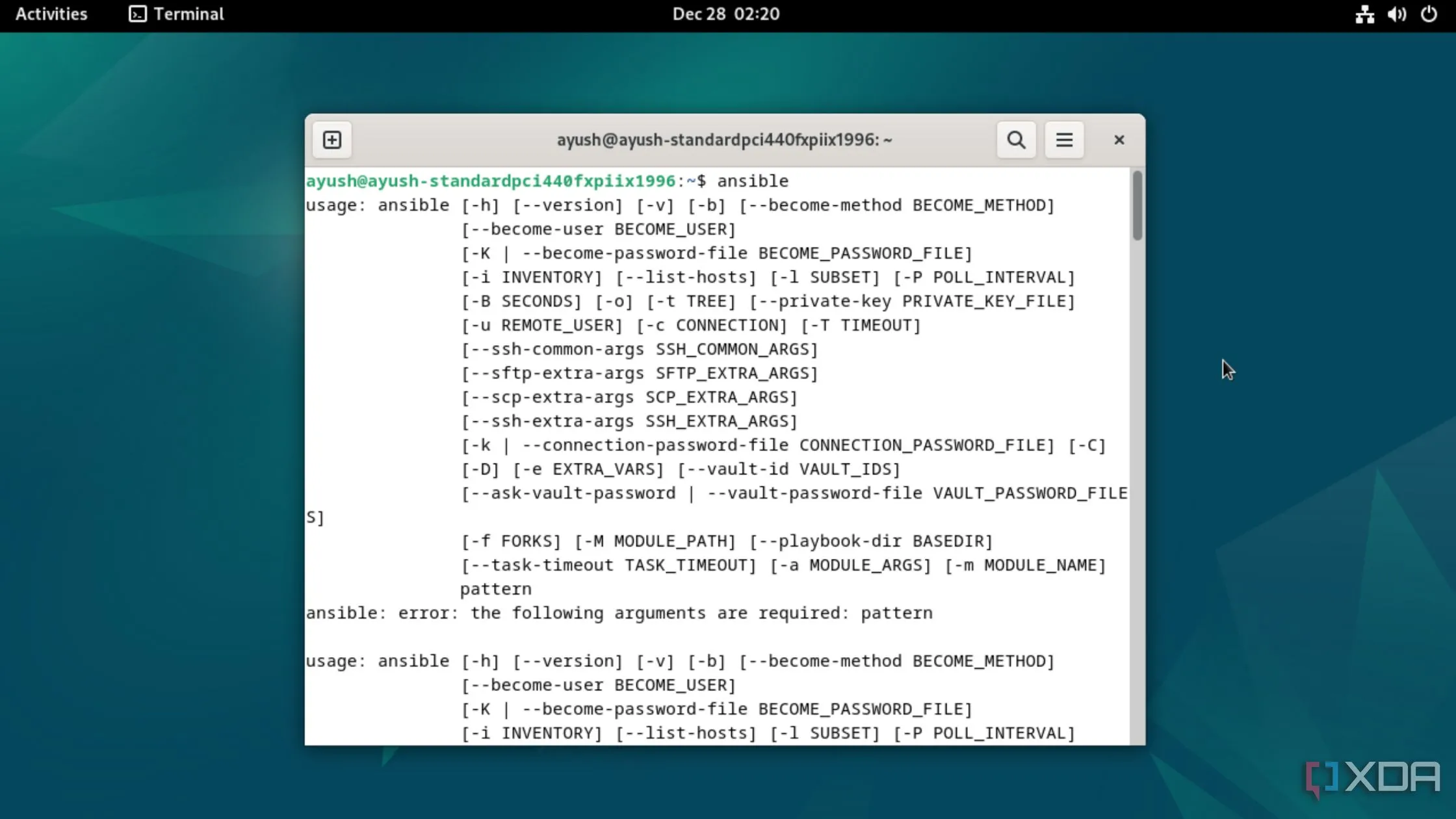 Chạy Ansible bên trong Debian, hiển thị các lệnh và kết quả