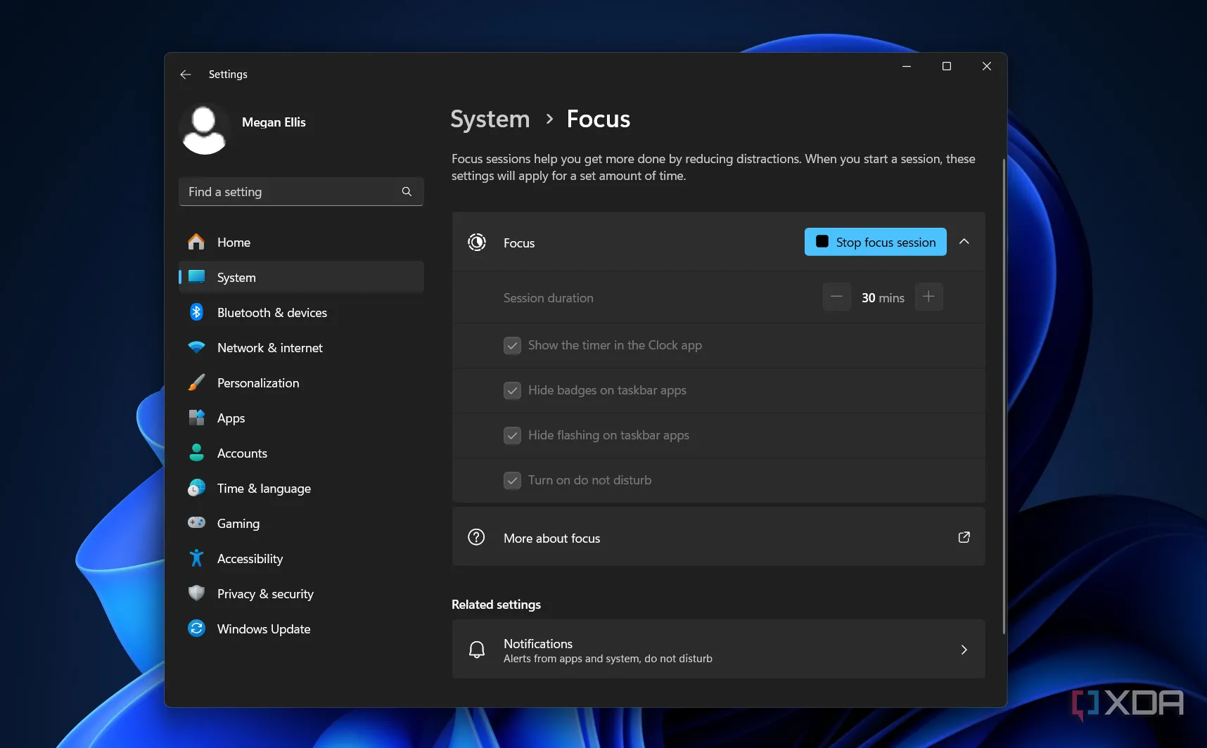 Chế độ Focus Session đang hoạt động trên Windows 11, giúp người dùng tập trung làm việc