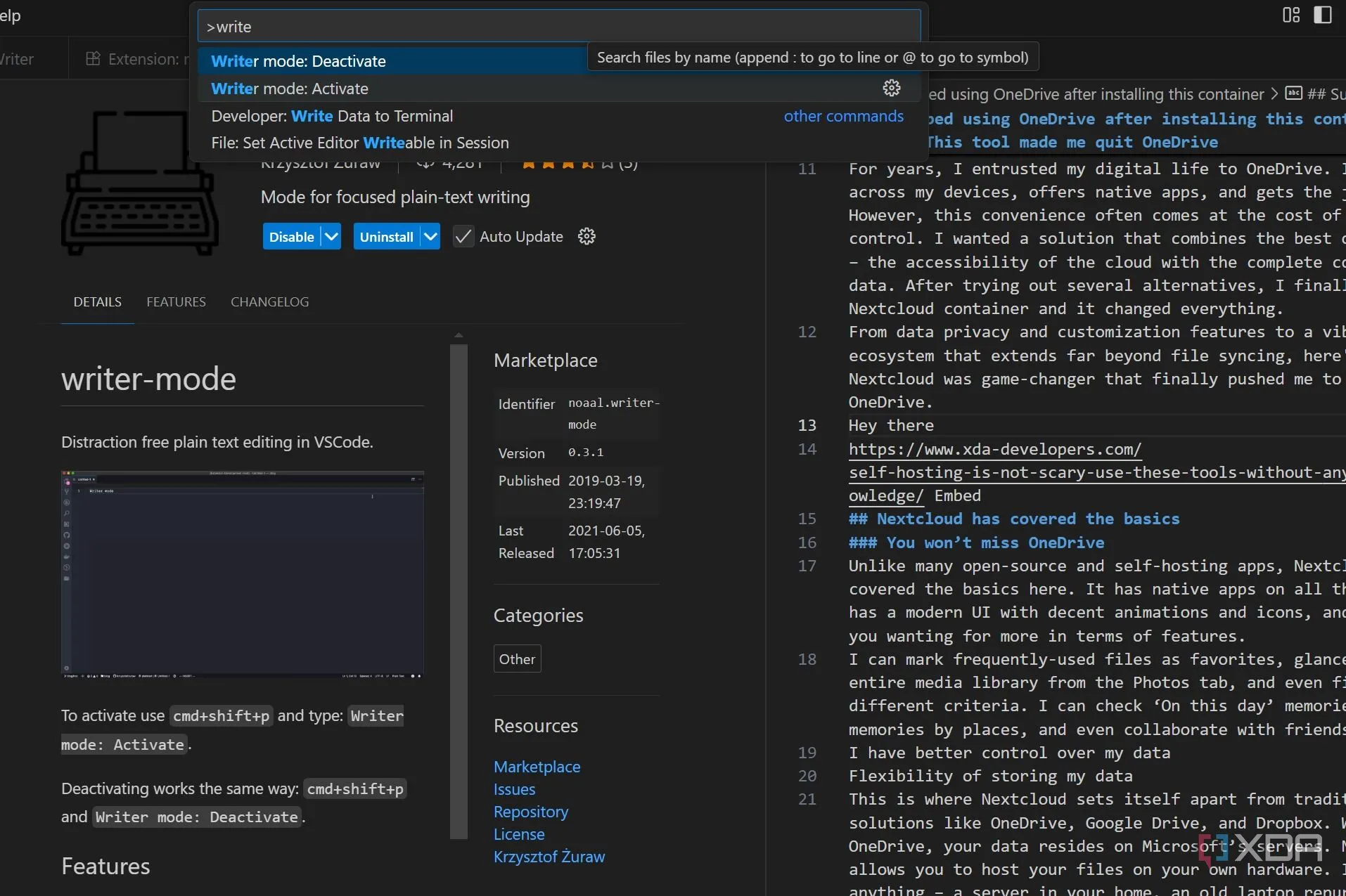 Chế độ Writer Mode trong VS Code loại bỏ xao nhão, hiển thị văn bản rõ ràng với cỡ chữ lớn và dòng hiện tại được tô sáng, hỗ trợ viết lách tập trung