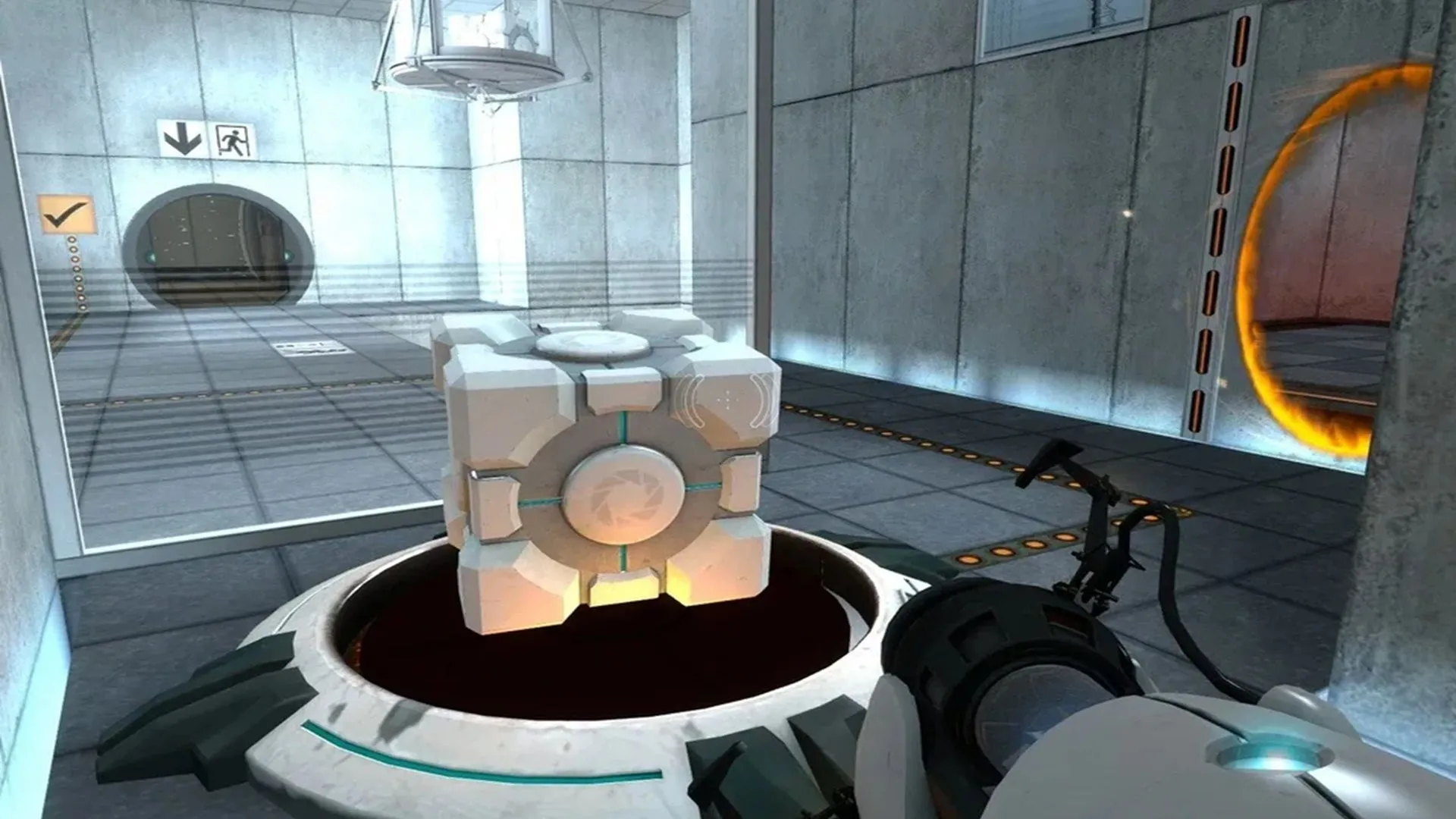 Chell sử dụng Súng Portal để tạo ra cổng dịch chuyển trong game Portal