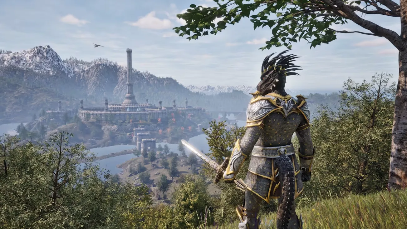 Chiến binh thằn lằn nhìn ra thành phố có nhiều tháp trong Oblivion Remastered
