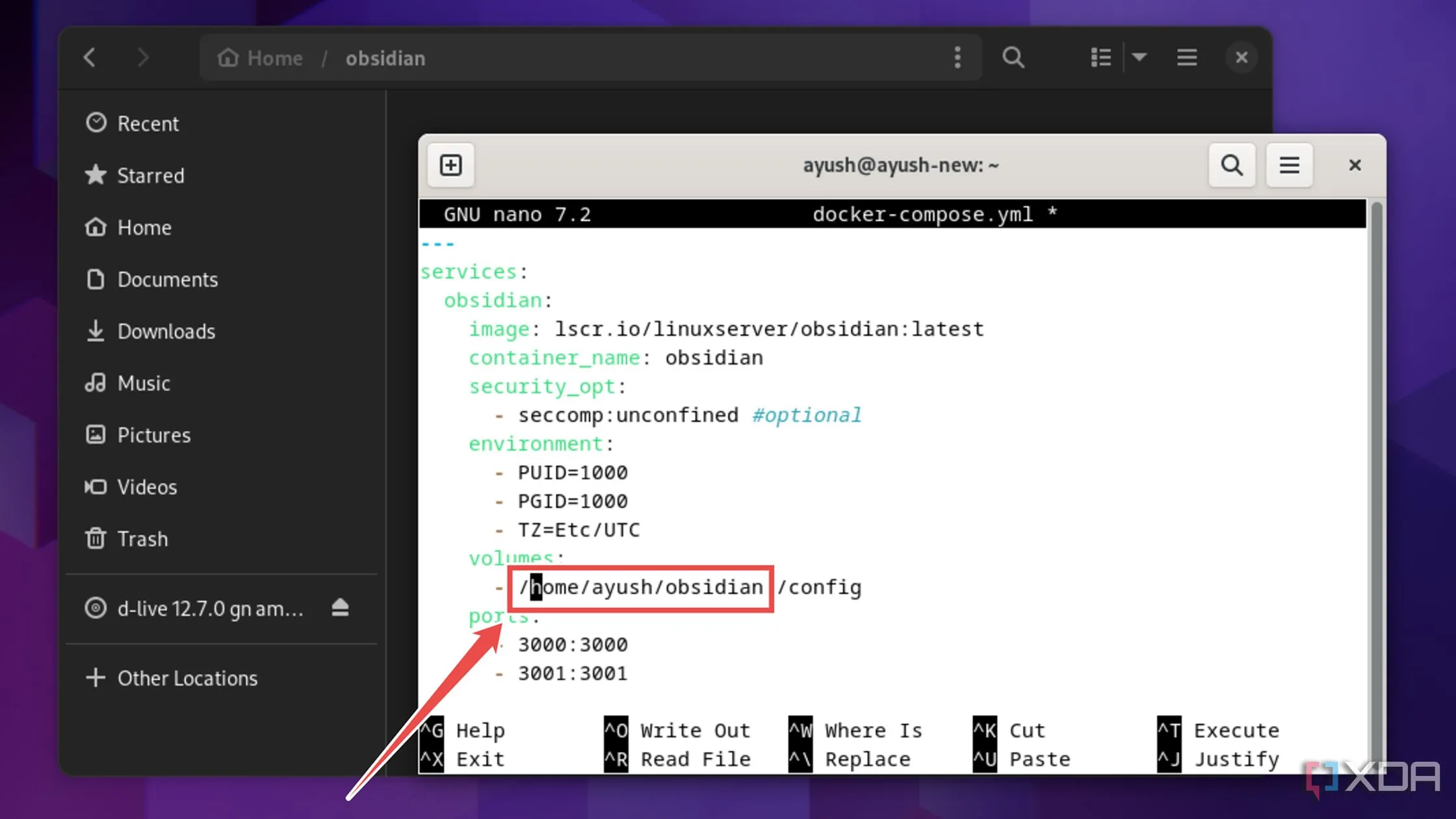 Chỉnh sửa đường dẫn cấu hình lưu trữ Vault Obsidian trong docker-compose.yml