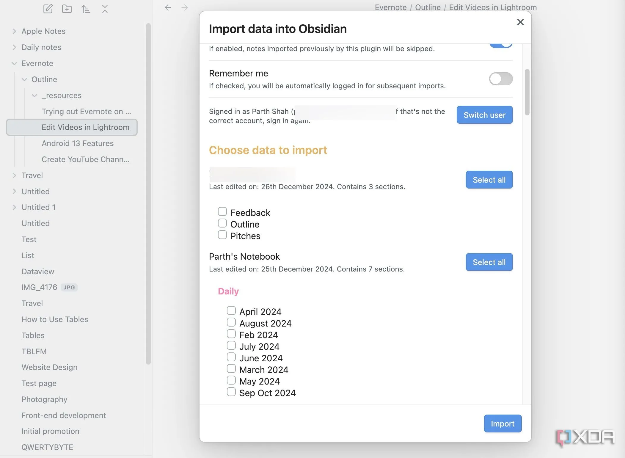 Chọn các sổ tay và mục OneNote cụ thể để nhập vào Obsidian