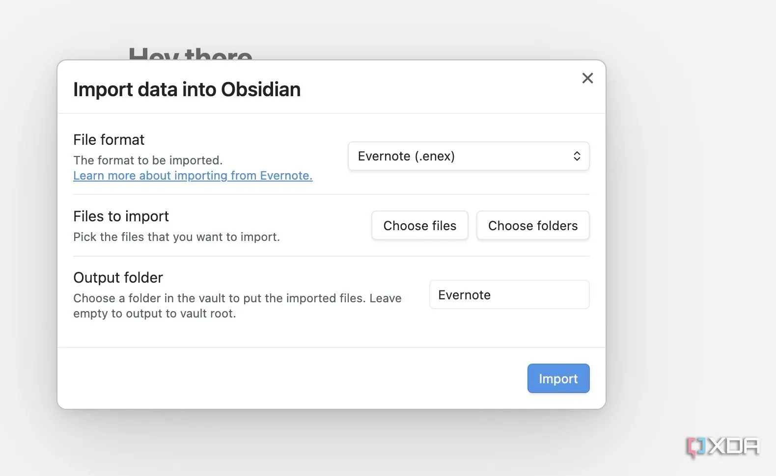 Chọn các tệp Evernote đã xuất để nhập vào Obsidian