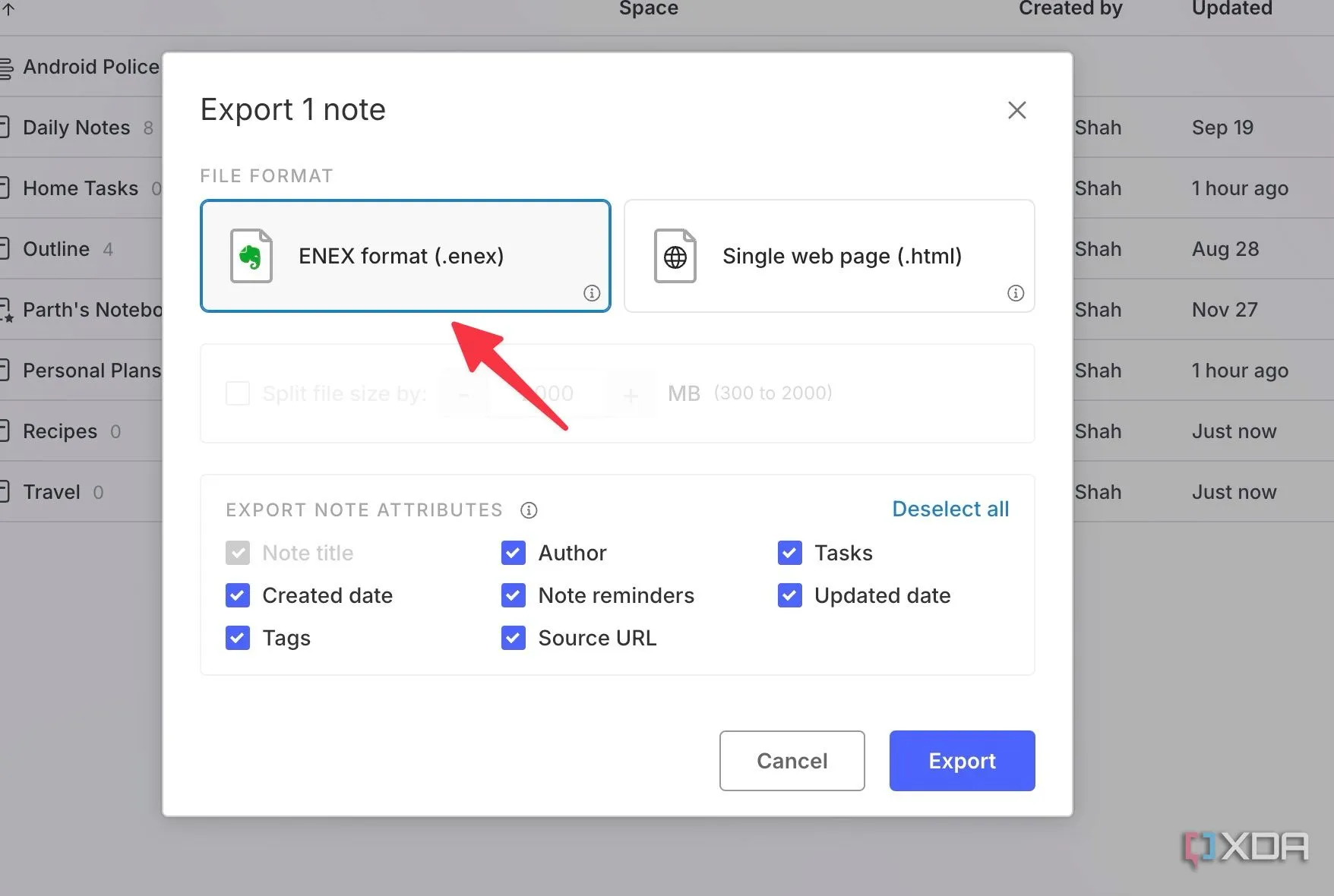 Chọn định dạng tệp .enex khi xuất ghi chú từ Evernote