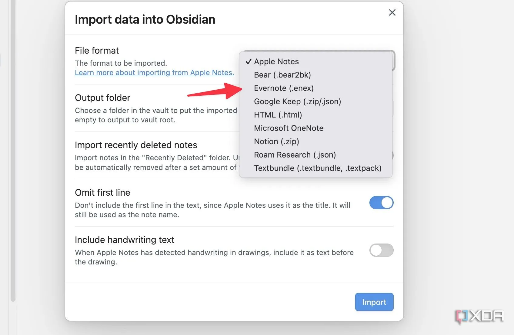 Chọn Evernote làm nguồn nhập dữ liệu trong Plugin Importer của Obsidian