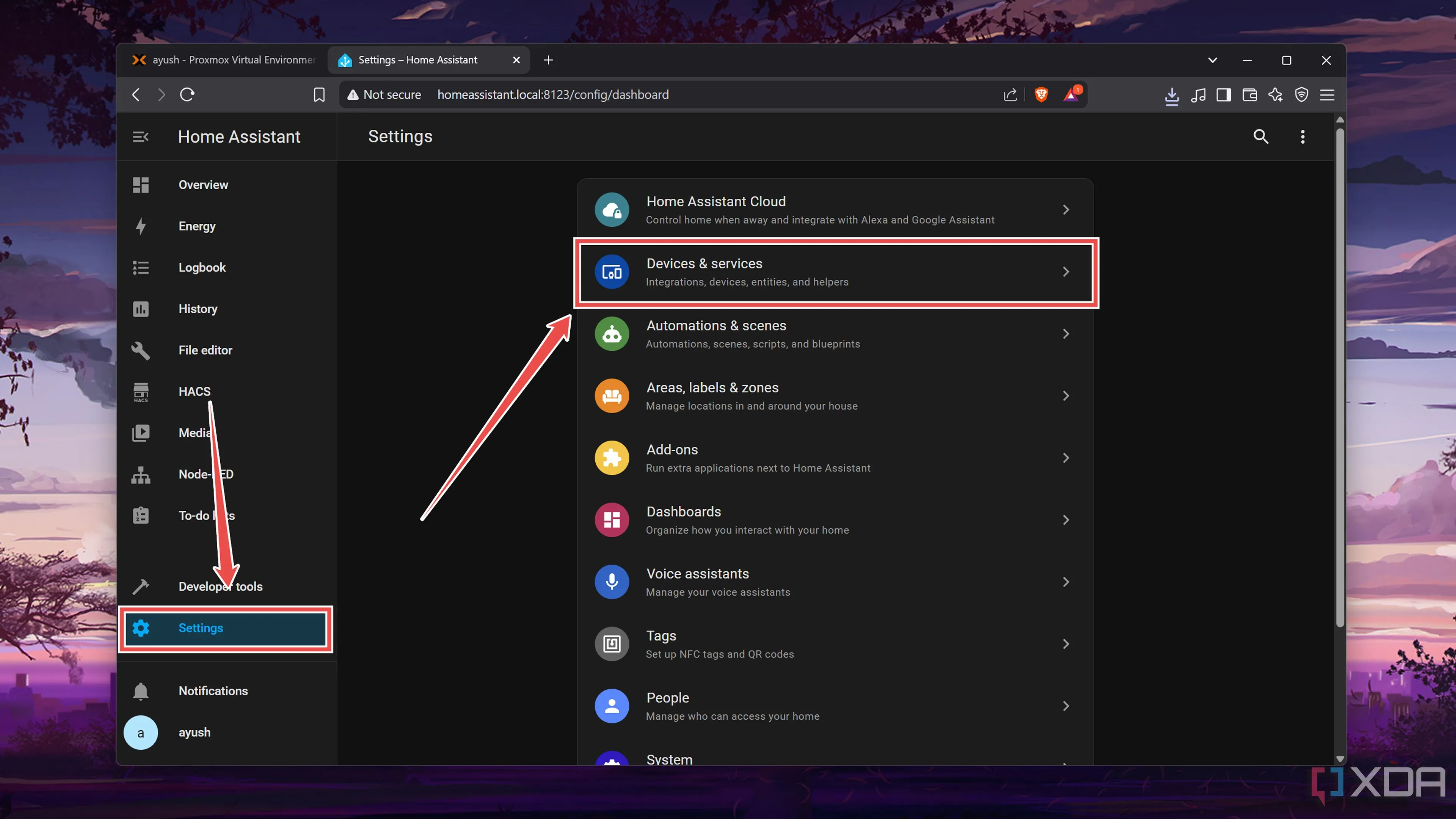 Chọn mục 'Devices &amp; services' trong cài đặt của Home Assistant