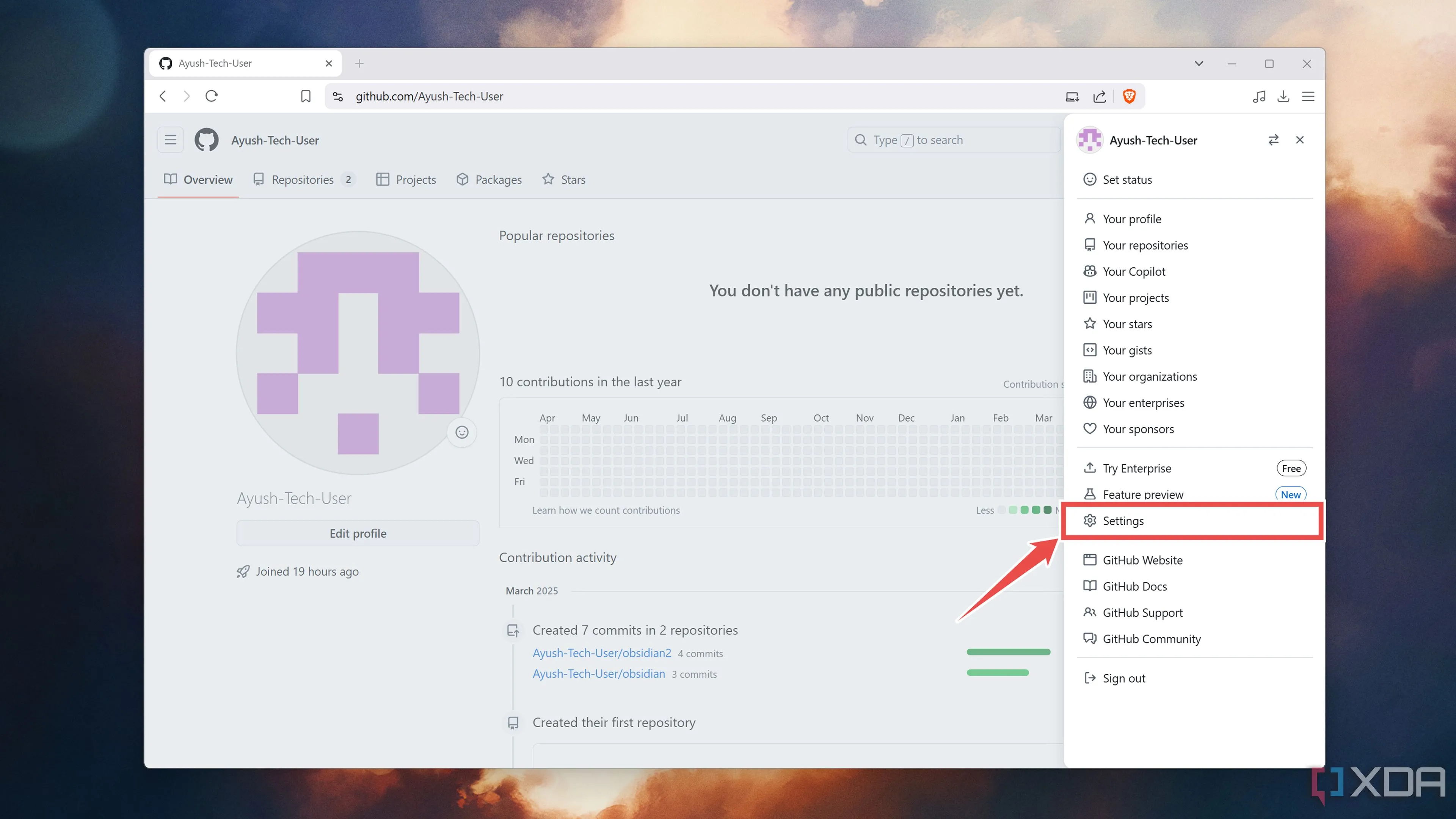 Chọn mục Settings (Cài đặt) từ menu hồ sơ GitHub để truy cập các tùy chọn