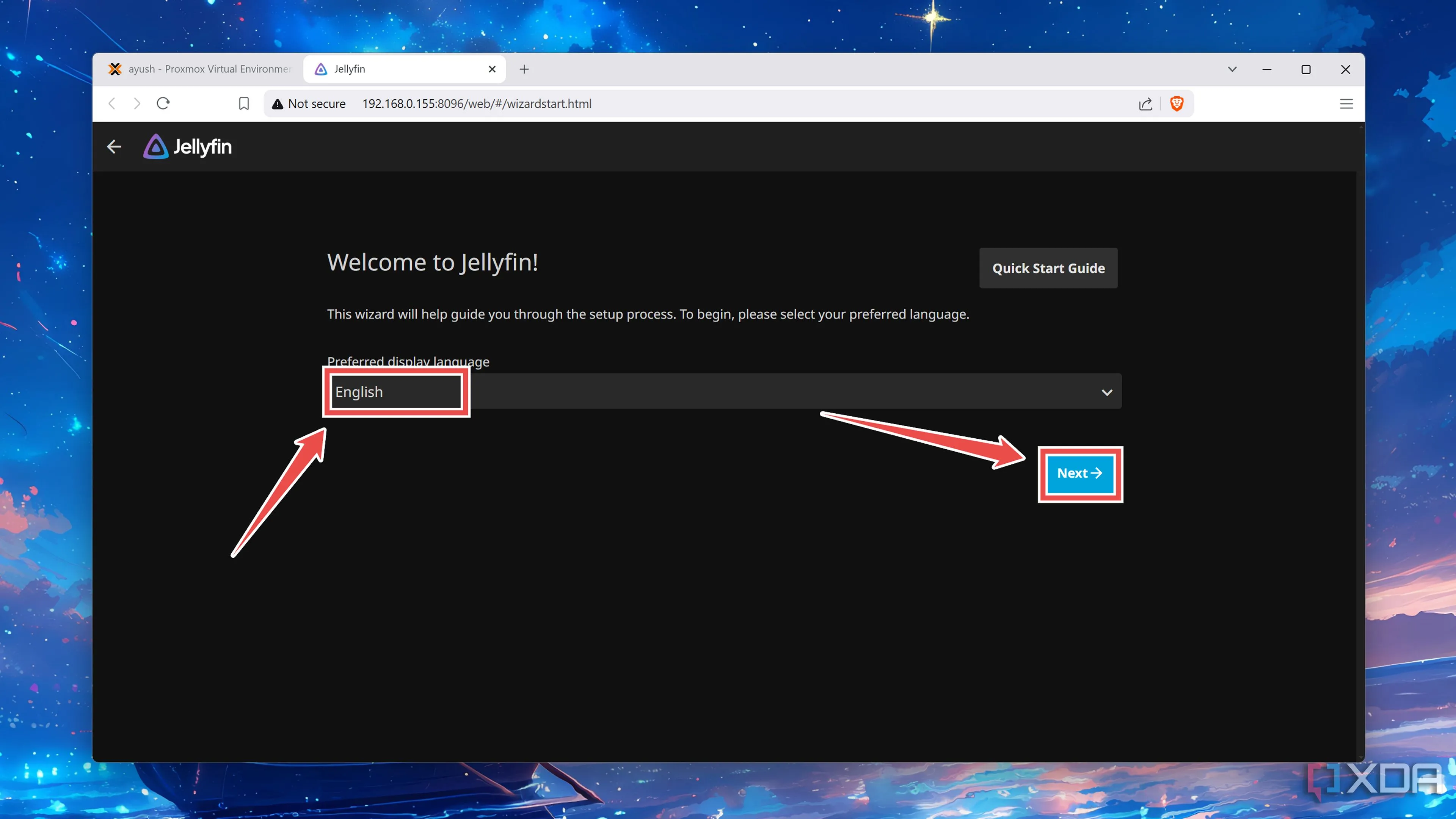 Chọn ngôn ngữ hiển thị trên màn hình chào mừng của giao diện web Jellyfin.