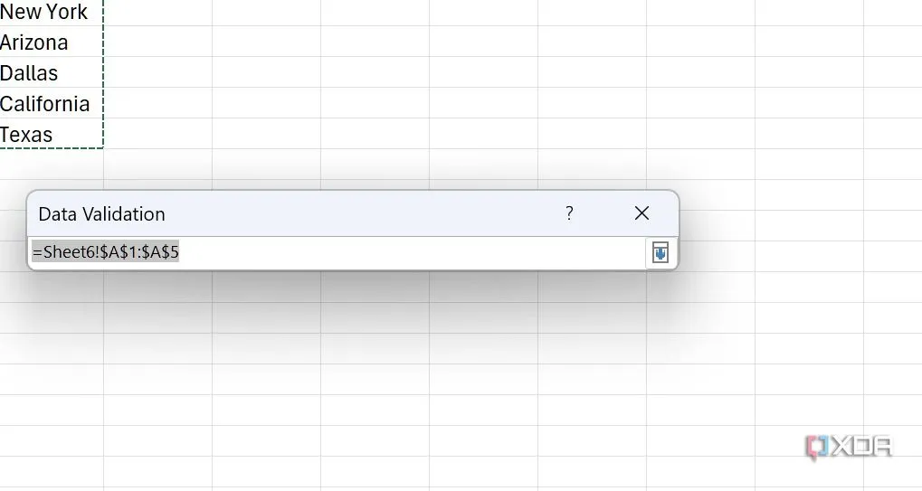 Chọn phạm vi dữ liệu trong Excel để làm nguồn cho Data Validation list