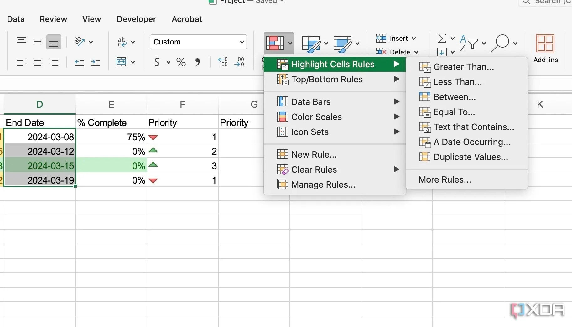 Chọn quy tắc &quot;Less than&quot; trong định dạng có điều kiện của Excel để đánh dấu các deadline đã quá hạn.