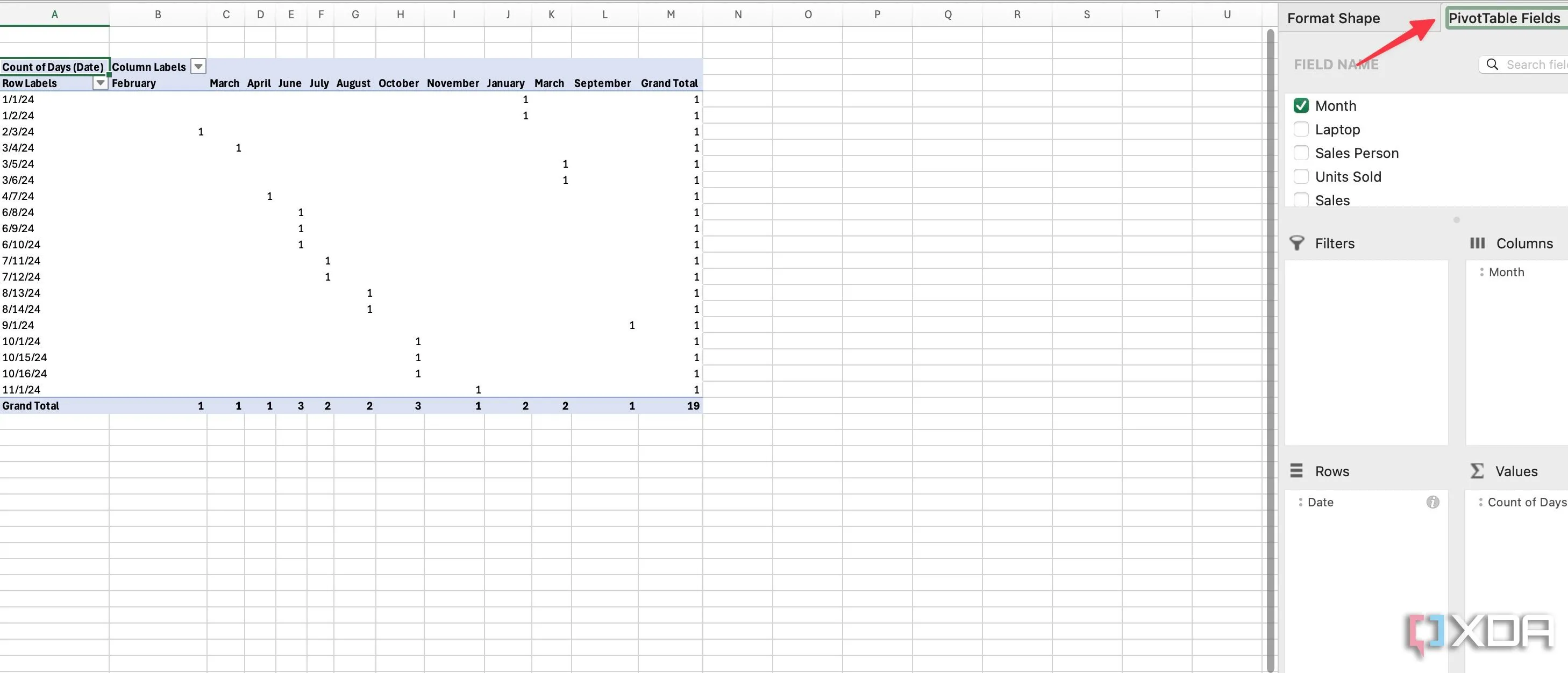 Chọn trường PivotTable