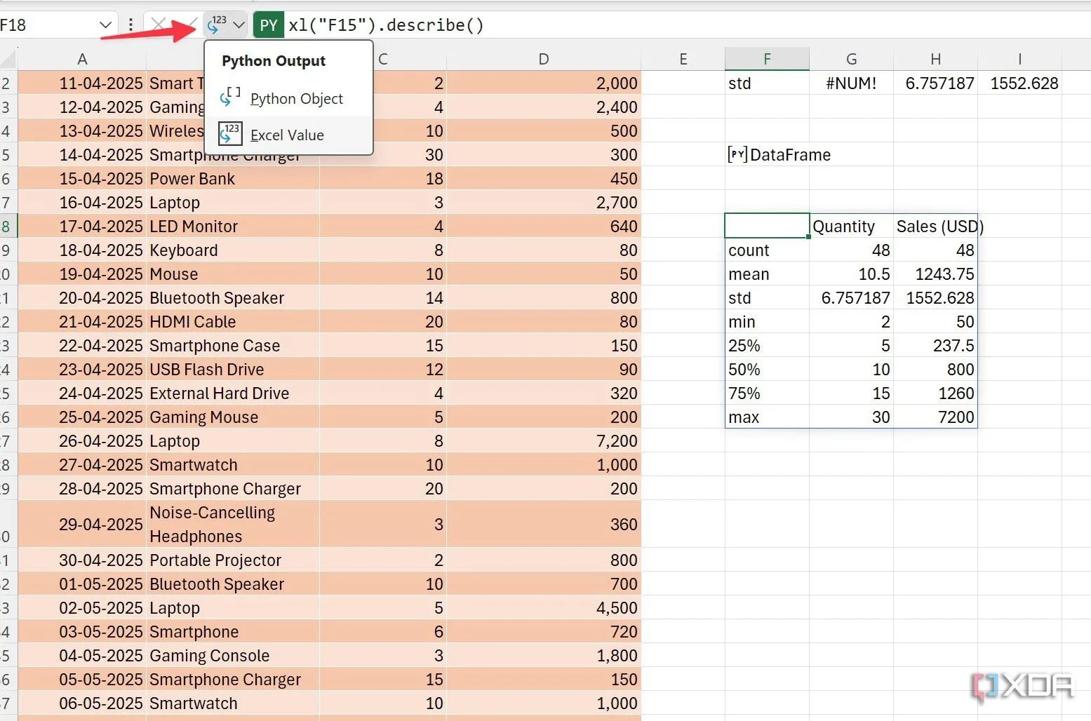 Chuyển đổi kết quả phân tích Python từ đối tượng thành giá trị Excel trực tiếp trong ô