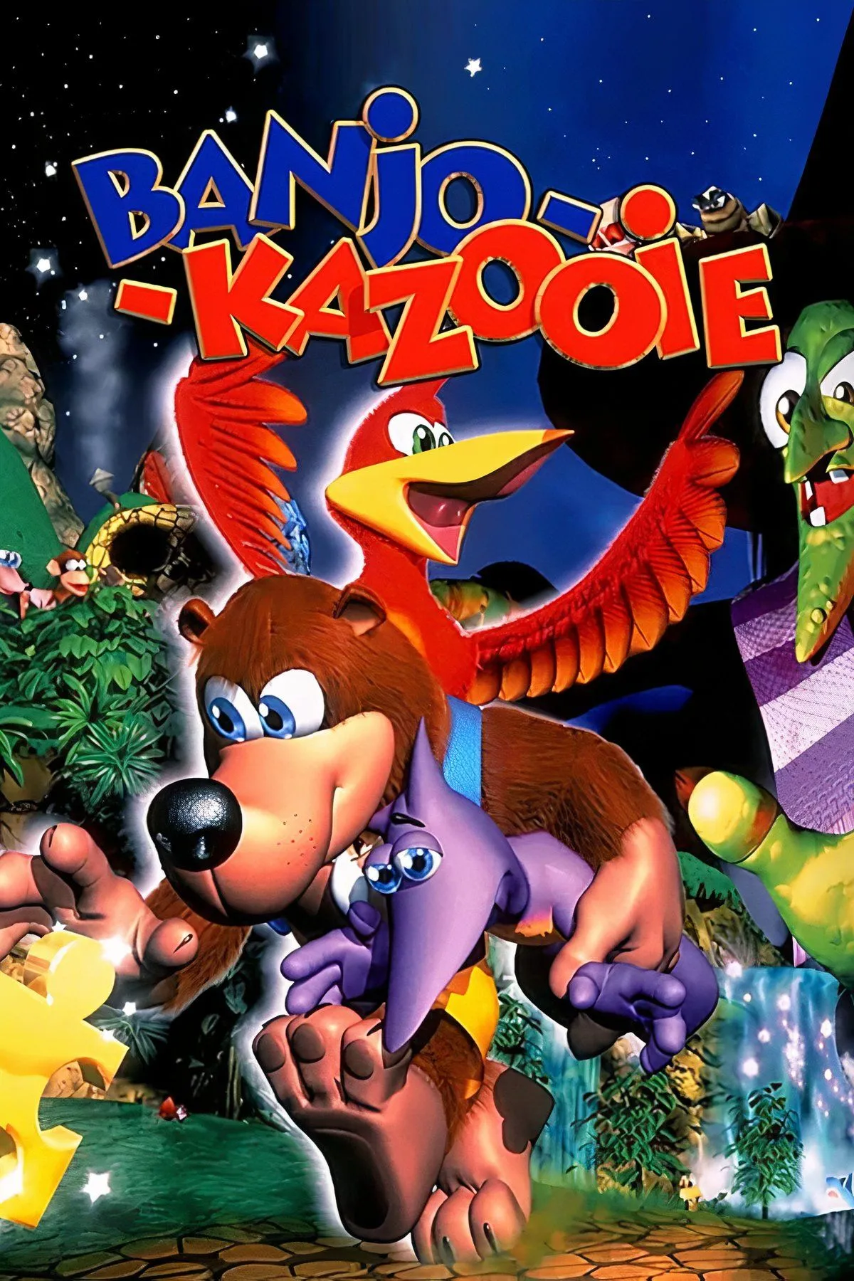 Collage hình ảnh nhân vật Banjo và Kazooie trong các bối cảnh khác nhau của game