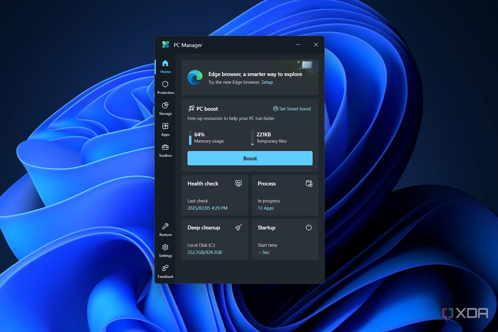 Công cụ PC Boost trong Microsoft PC Manager hiển thị mức sử dụng RAM cao.