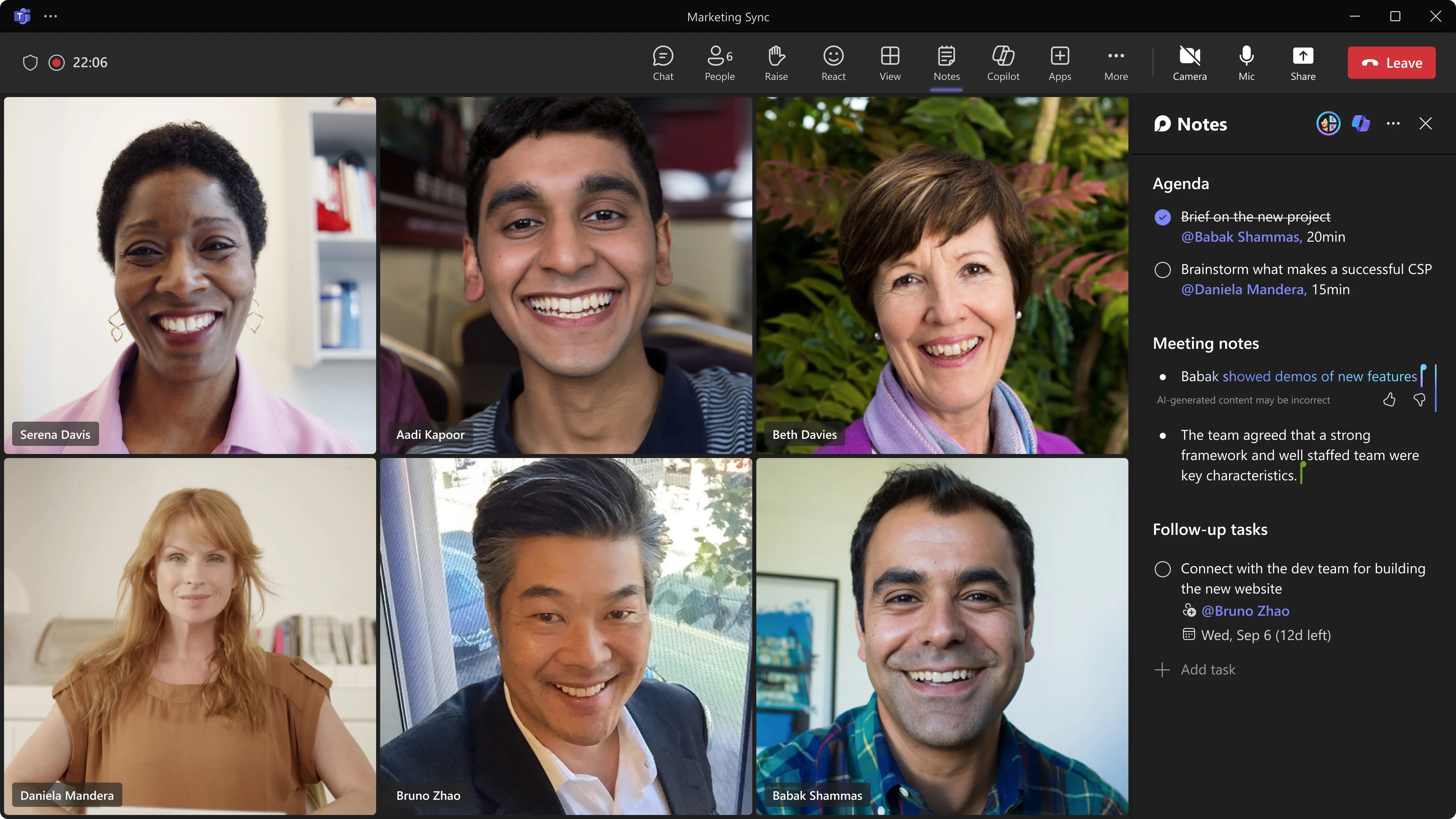Copilot đang ghi chú cuộc họp Microsoft Teams theo thời gian thực, làm nổi bật khả năng hỗ trợ AI thông minh trong việc theo dõi và tóm tắt nội dung.