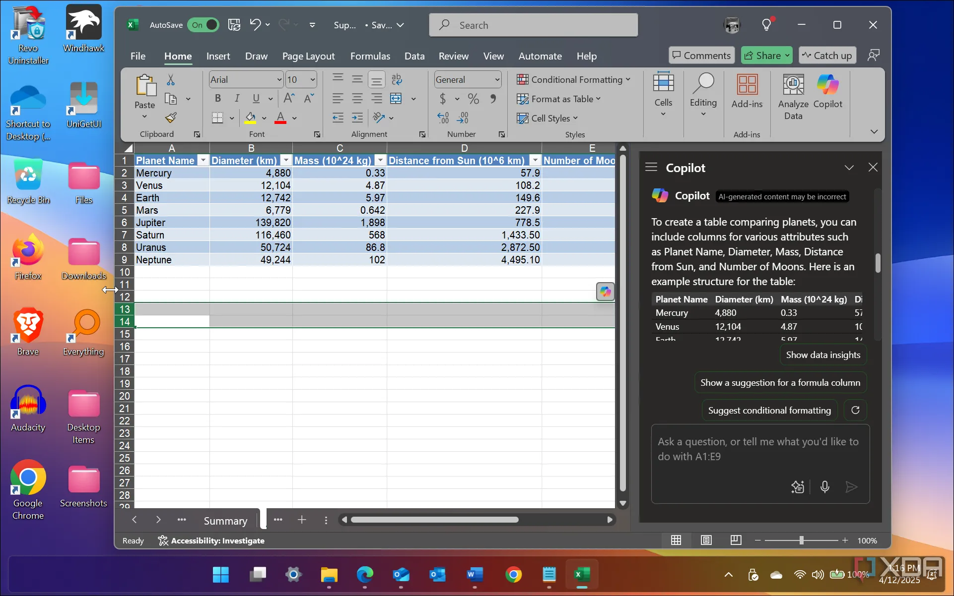 Copilot tự động tạo bảng dữ liệu trong Excel, minh họa khả năng AI trong phân tích thông tin