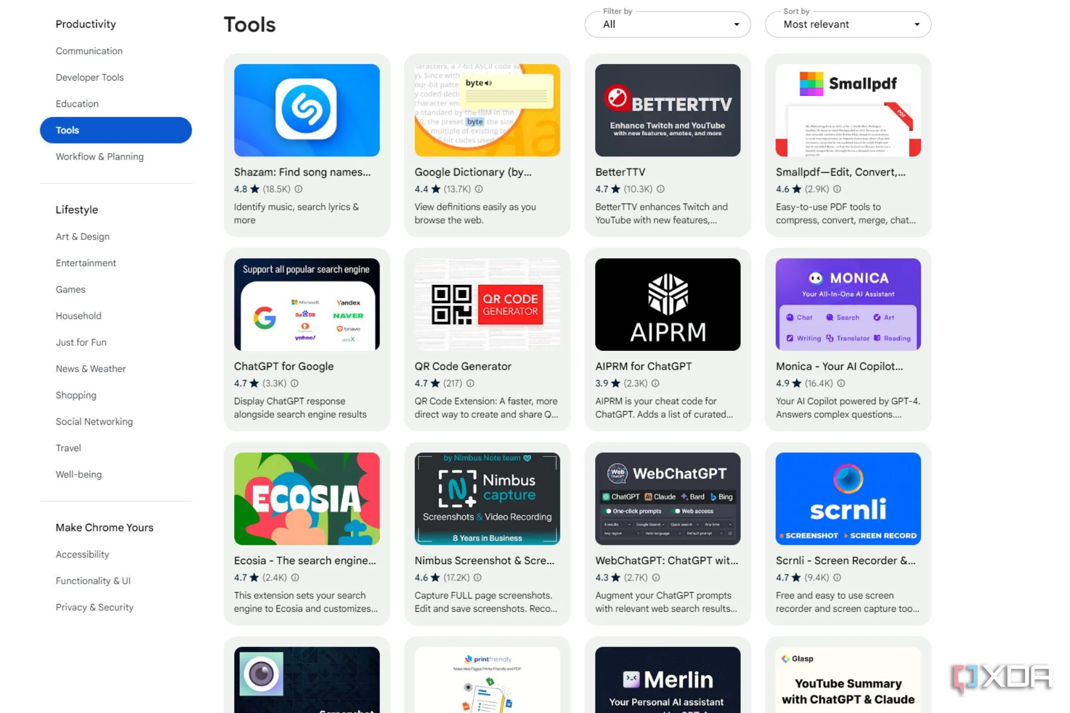 Cửa hàng Chrome Web Store hiển thị danh sách các tiện ích mở rộng.