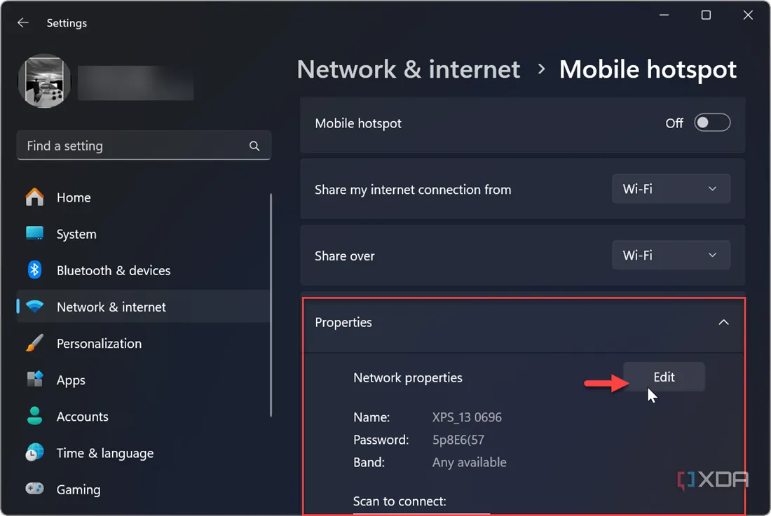 Cửa sổ chỉnh sửa thuộc tính điểm phát sóng di động Wi-Fi trên Windows 11