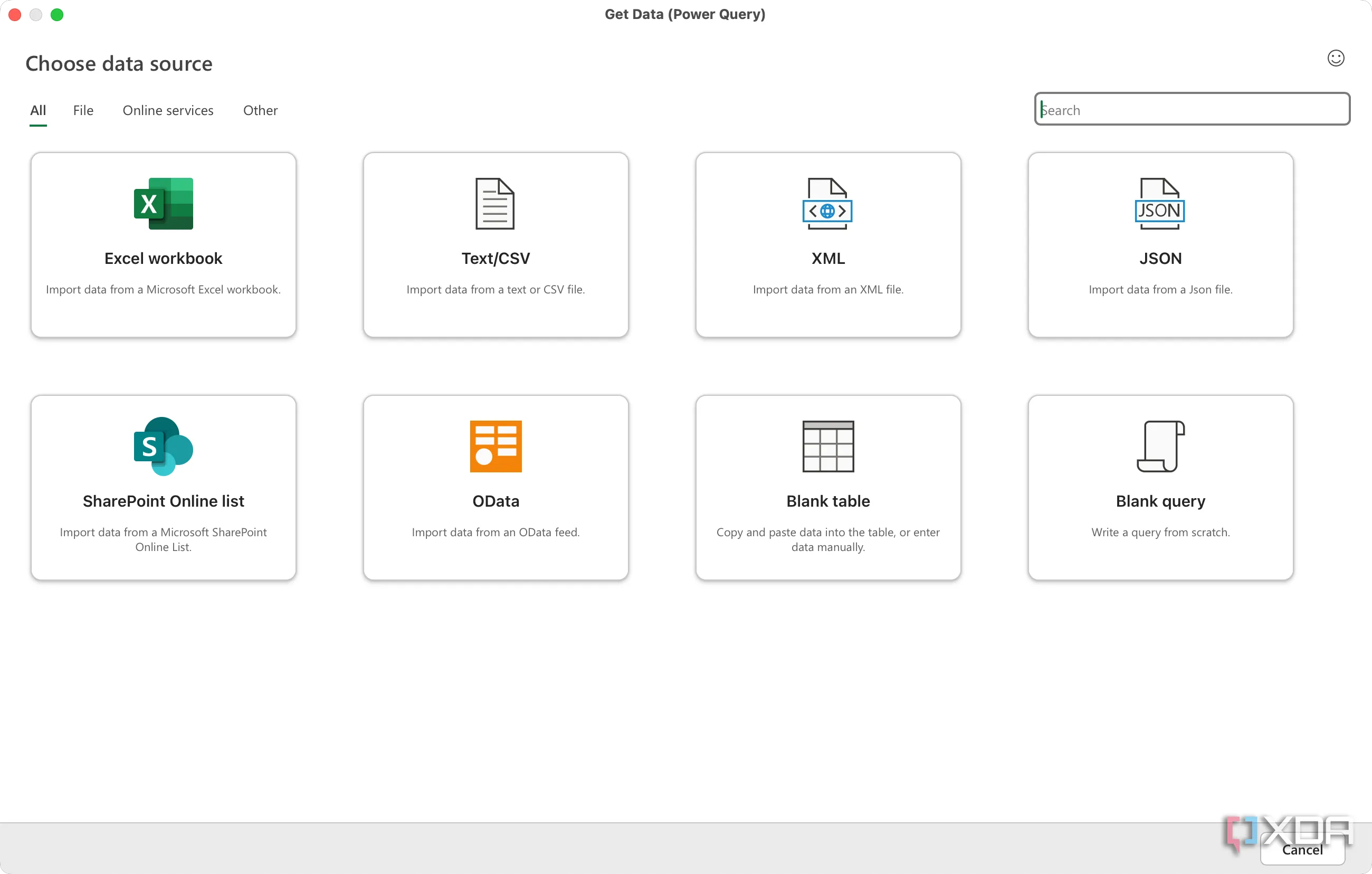 Cửa sổ lựa chọn nguồn dữ liệu trong Power Query Editor của Excel để kết nối và xử lý