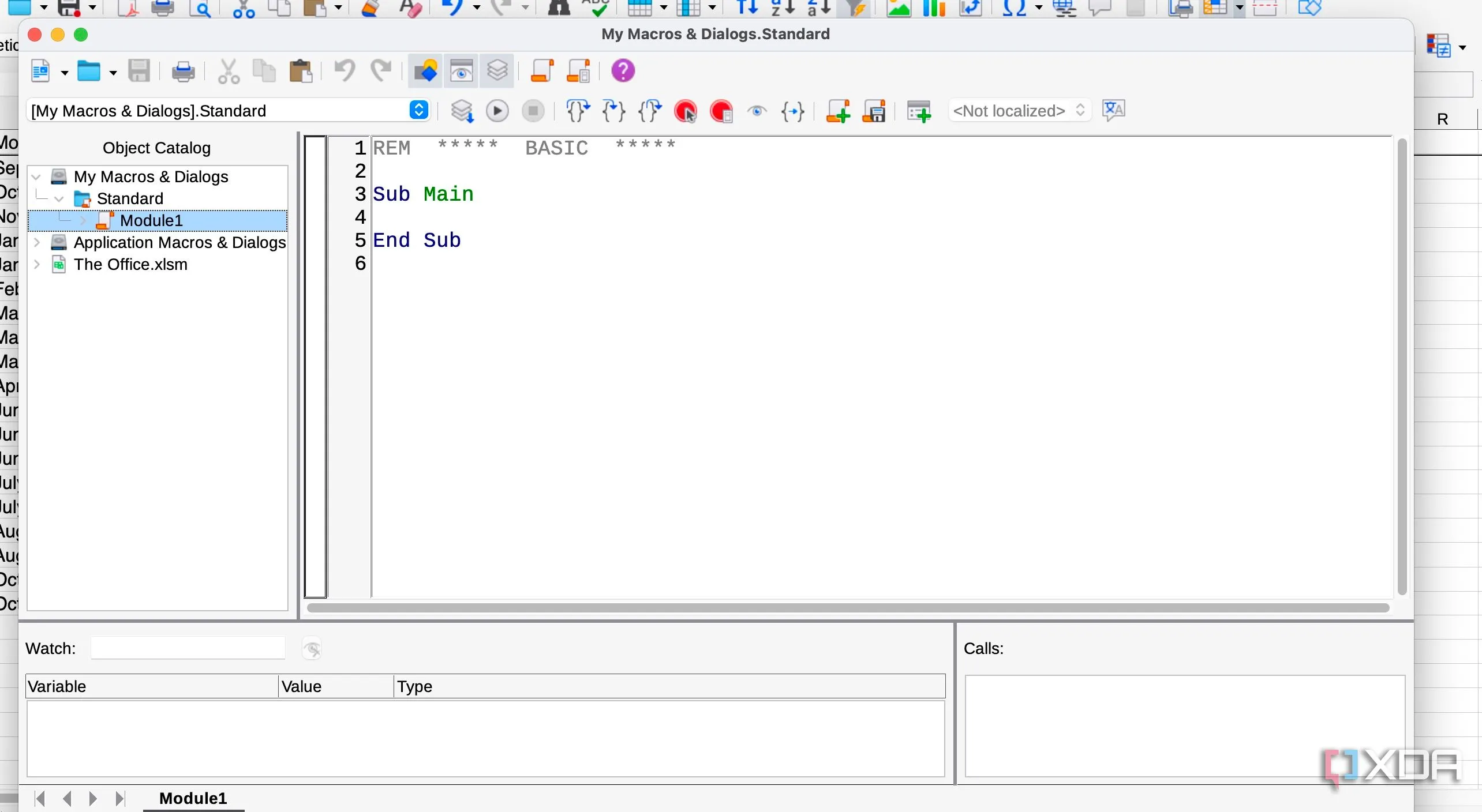 Cửa sổ Macros của LibreOffice Calc, hiển thị danh sách các macro có sẵn và tùy chọn ghi macro mới để tự động hóa tác vụ.
