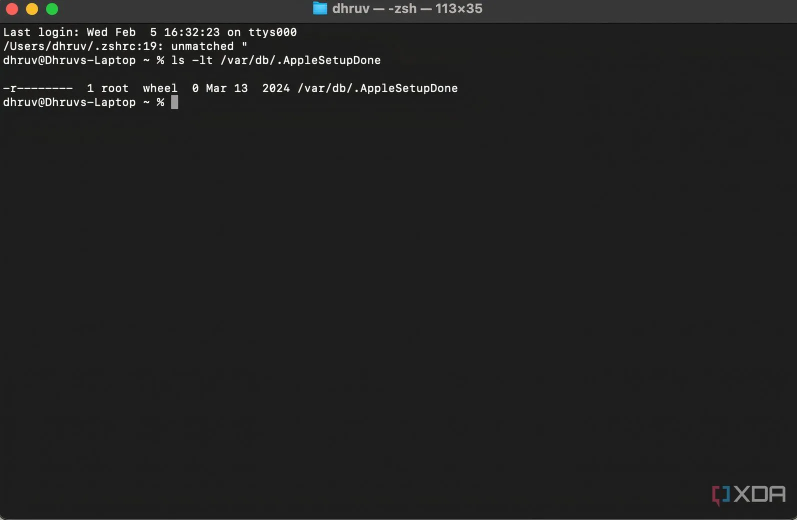 Cửa sổ Terminal trên macOS hiển thị ngày cài đặt hệ điều hành, cung cấp thông tin về thời gian sử dụng ổ cứng