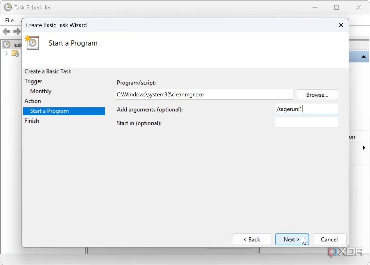Cửa sổ thiết lập tác vụ dọn dẹp ổ đĩa Disk Cleanup trong Task Scheduler của Windows