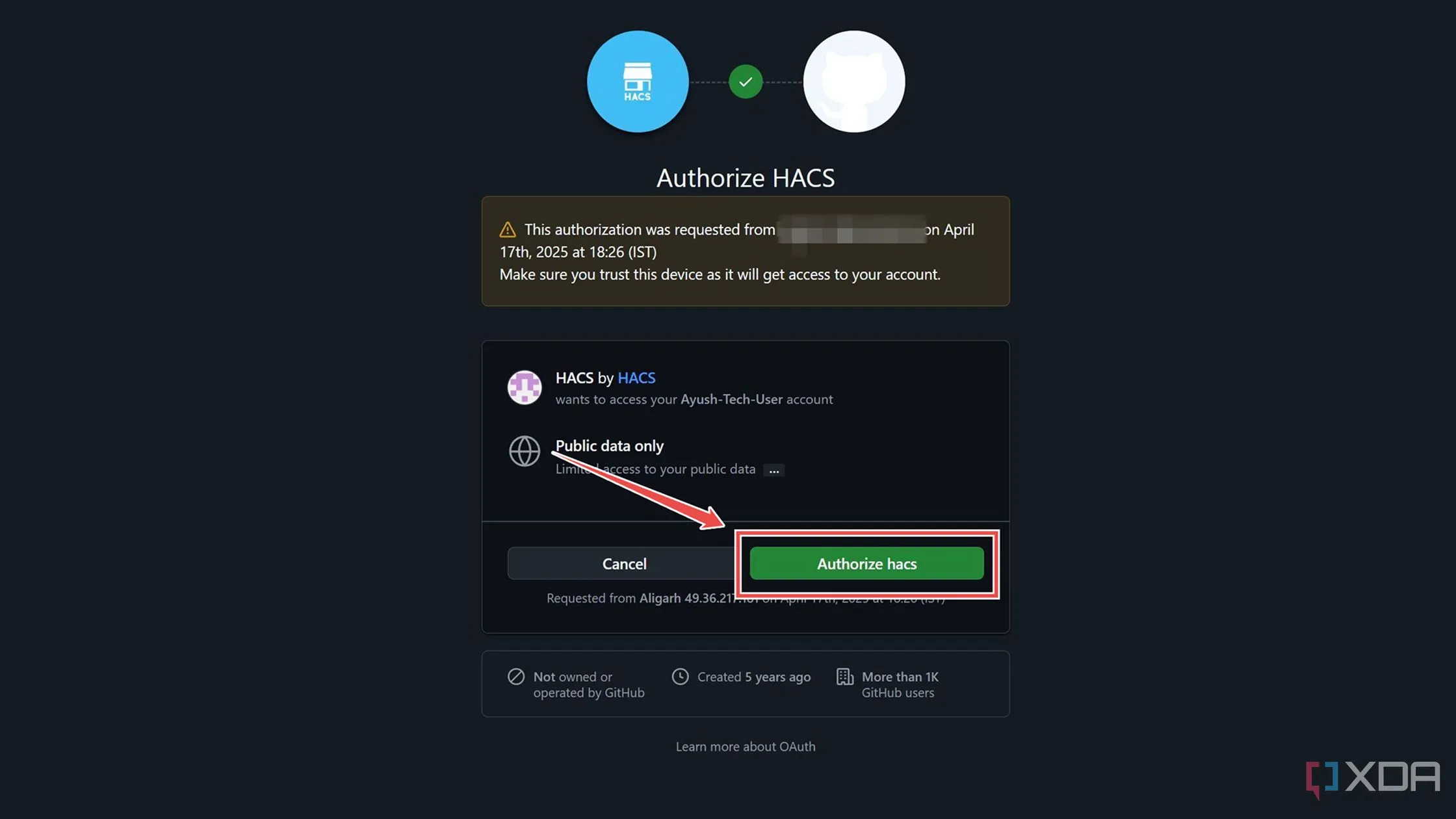 Cửa sổ ủy quyền HACS truy cập tài khoản GitHub để hoàn tất cài đặt