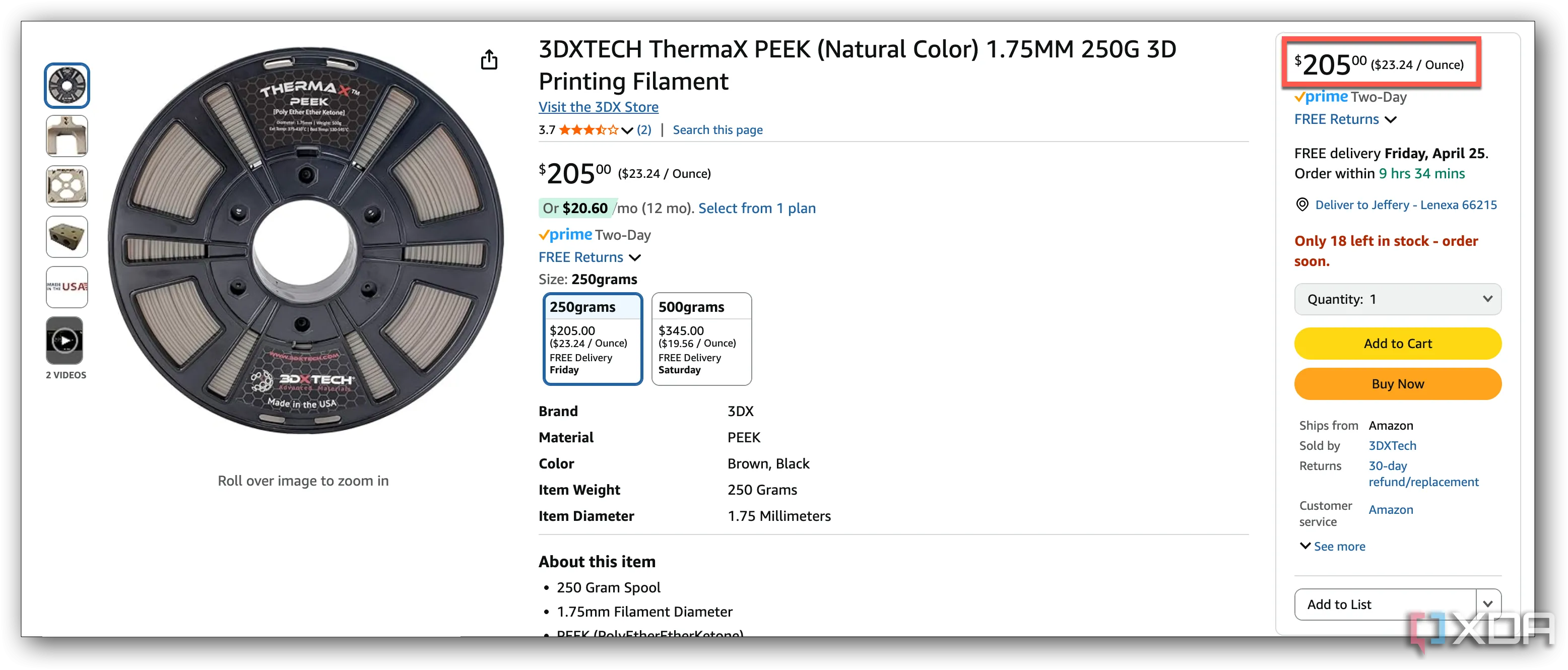 Cuộn filament PEEK trên sàn thương mại điện tử Amazon, minh họa chi phí cao của vật liệu in 3D nhiệt độ cao