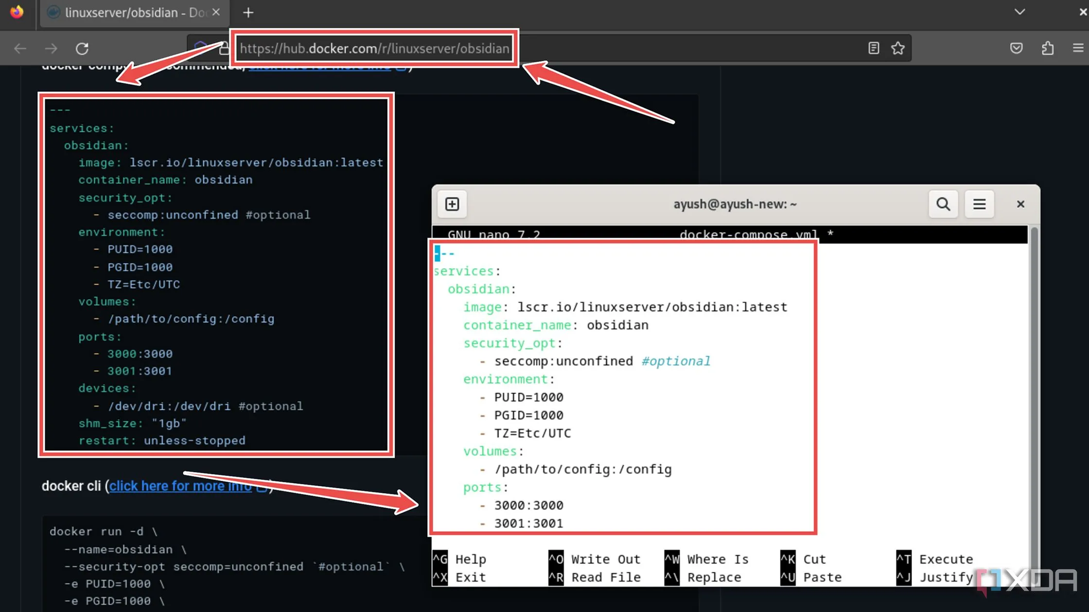 Dán cấu hình Docker Compose cho Obsidian từ Docker Hub vào file yml