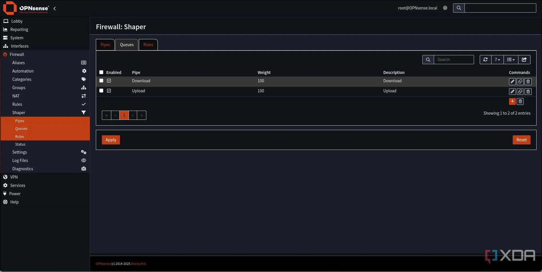 Danh sách các hàng đợi Download và Upload đã được thêm vào OPNsense Traffic Shaping
