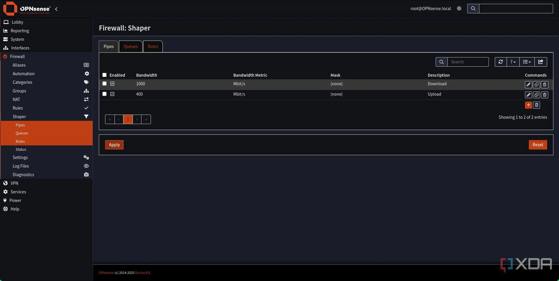 Danh sách các Pipes Download và Upload đã được thêm vào OPNsense Traffic Shaping