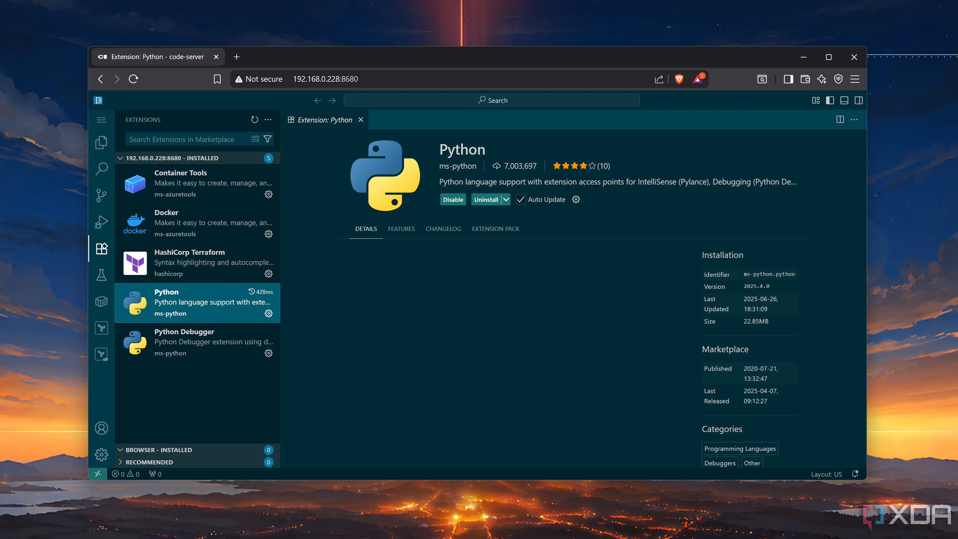 Danh sách các tiện ích mở rộng (extensions) khả dụng trên Code-Server từ Open VSX Registry, thể hiện sự khác biệt so với thị trường extension của VS Code gốc