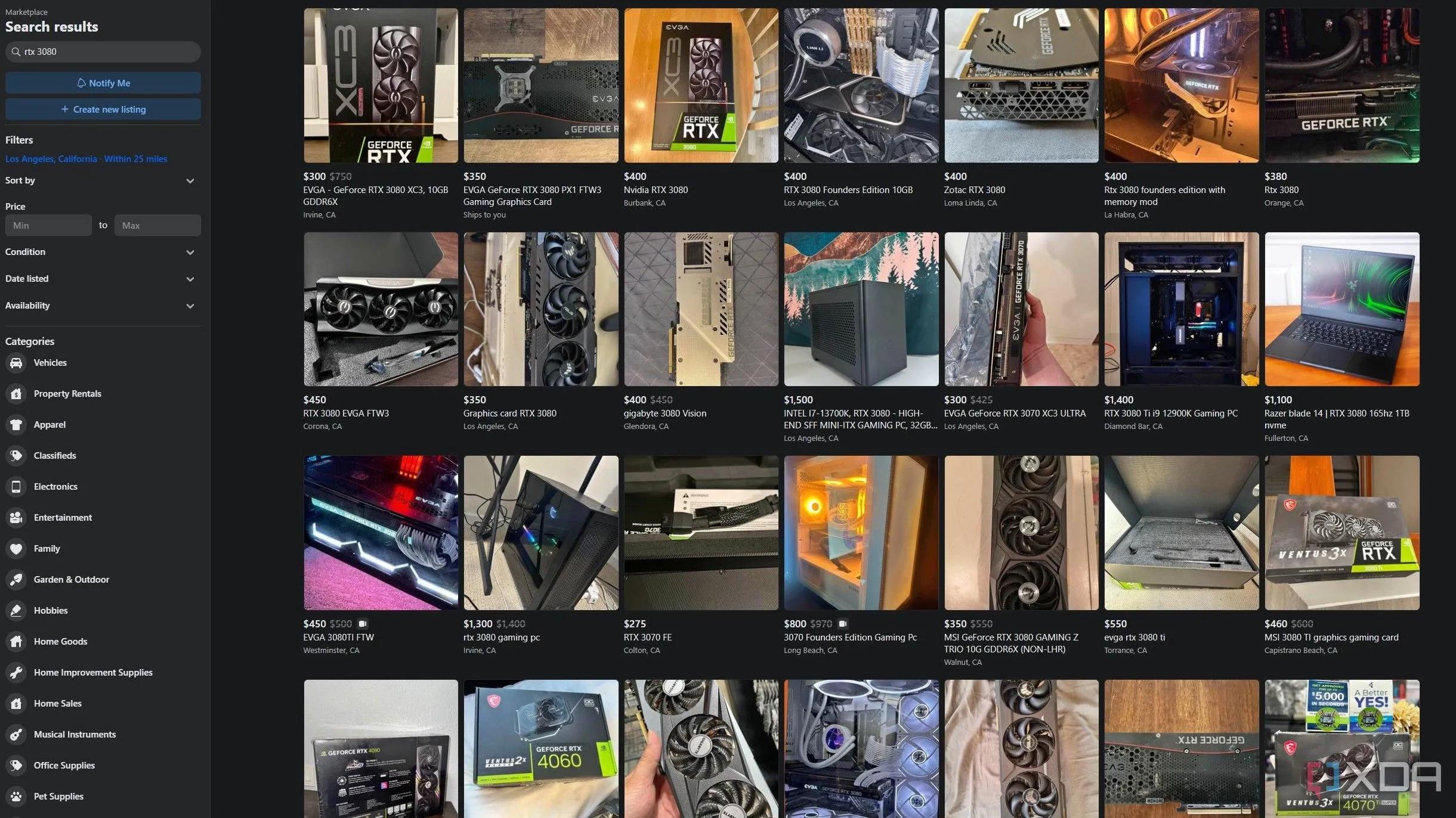 Danh sách card đồ họa RTX 3080 trên Facebook Marketplace